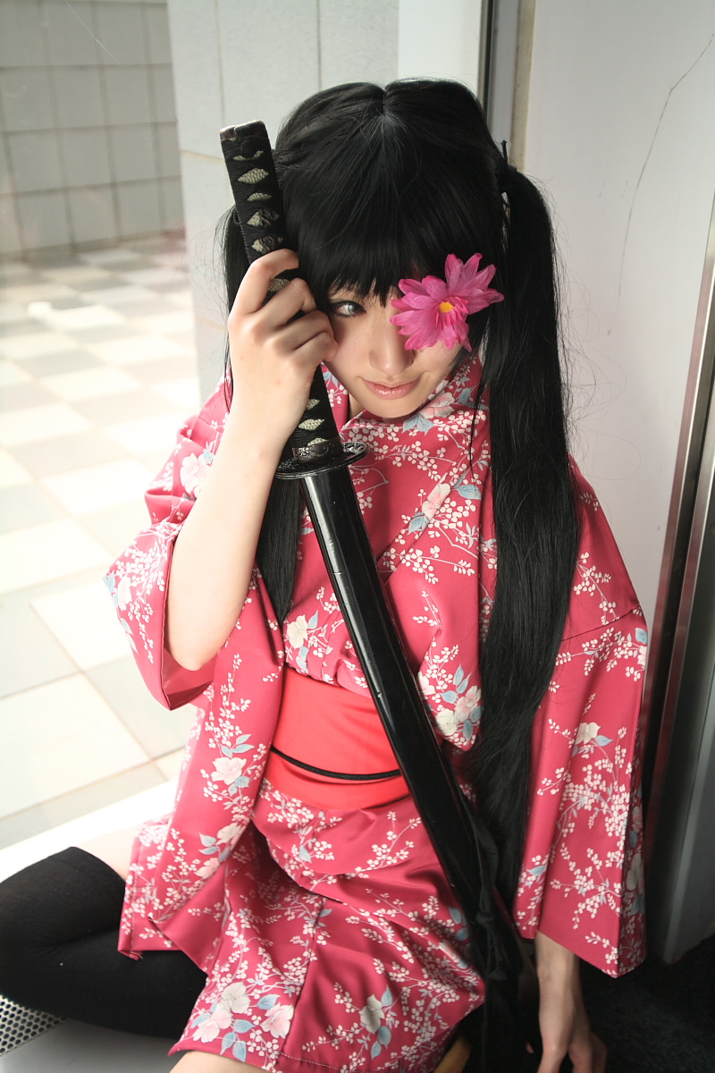 saya (cosplayer), yagyuu kyuubei, gintama, highres, photo (medium), cosplay, eyepatch, flower eyepatch, japanese clothes, sword, thighhighs, twintails, weapon