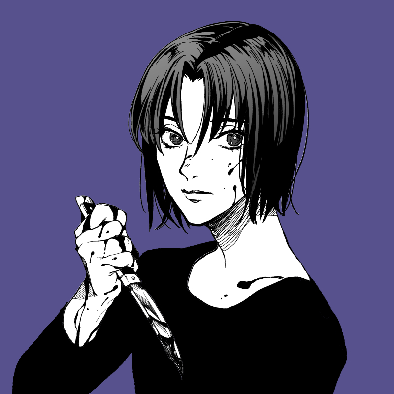 moru moru moru, narancia ghirga, jojo no kimyou na bouken, vento aureo, commentary request, 1boy, black hair, blood, blood on face, blood on hands, bloody knife, crosshatching, greyscale, greyscale with colored background, hatching (texture), holding, holding knife, knife, monochrome, purple background, simple background, solo