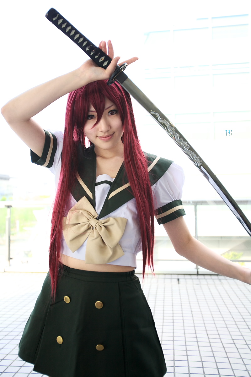 saya (cosplayer), shana, saya-chan, shakugan no shana, cosplay photo, highres, photo (medium), bow, cosplay, katana, long hair, midriff, red hair, sailor, school uniform, serafuku, skirt, solo, sword, weapon