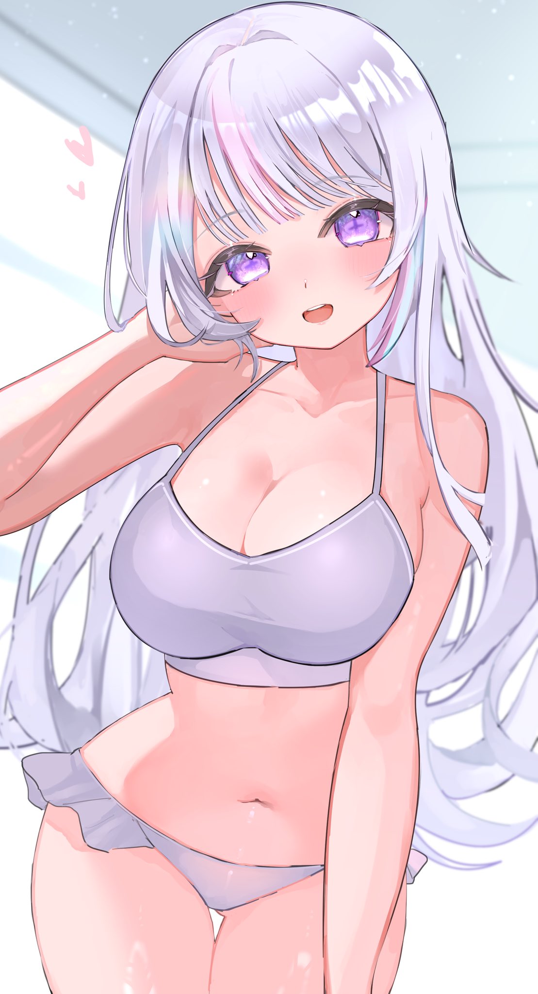 haro (1026 86), ayatsuno yuni, stellive, commentary, highres, symbol-only commentary, 1girl, blush, breasts, cleavage, collarbone, cowboy shot, frilled panties, frills, grey hair, grey panties, grey sports bra, hand up, heart, large breasts, leaning forward, long hair, looking at viewer, navel, open mouth, panties, purple eyes, solo, sports bra, standing, star-shaped pupils, star (symbol), stomach, symbol-shaped pupils, thigh gap, underwear, underwear only, very long hair, virtual youtuber, wispy bangs