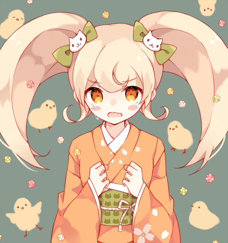 hatoichi reno, saionji hiyoko, danganronpa (series), danganronpa 2: goodbye despair, commentary request, 1girl, baby animal, bird, blonde hair, blush, blush stickers, bow, candy, chick, crying, crying with eyes open, food, green bow, green sash, hair bow, japanese clothes, kimono, konpeitou, long hair, obi, open mouth, orange eyes, orange kimono, sash, simple background, solo, tears, twintails, upper body