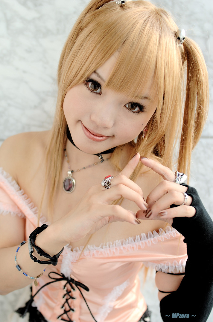 kipi-san, amane misa, death note, photo (medium), 1girl, amane misa (cosplay), asian, bare shoulders, blonde hair, breasts, cosplay, female focus, long hair, looking at viewer, mole, small breasts, solo, two side up