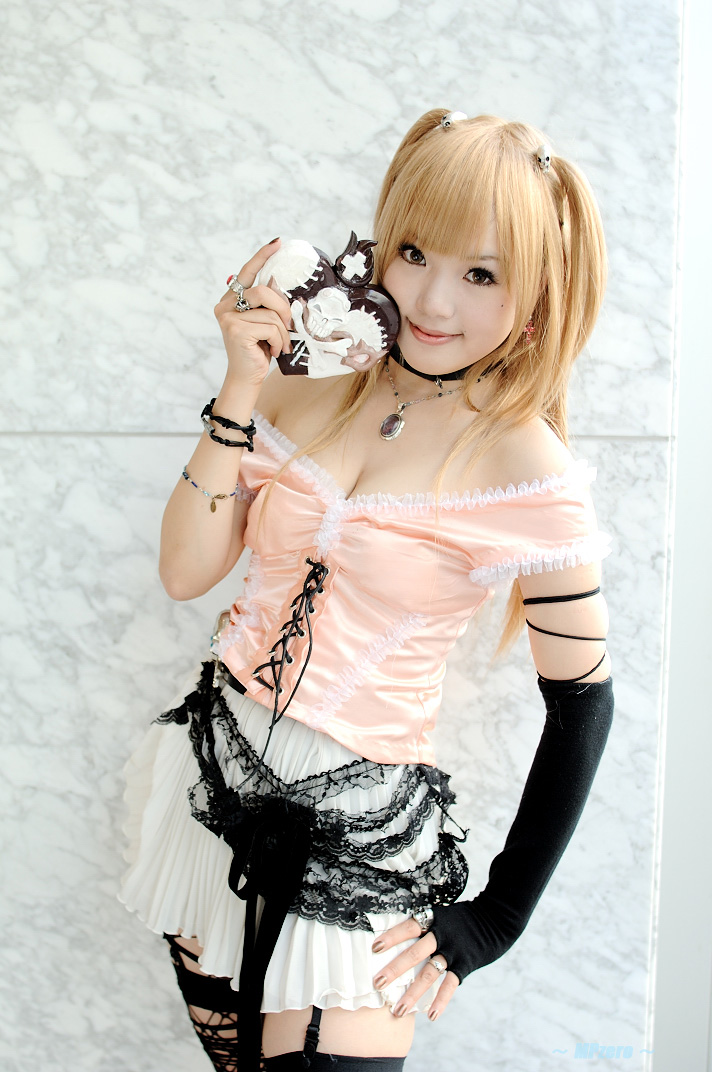 kipi-san, amane misa, death note, photo (medium), 1girl, amane misa (cosplay), asian, bare shoulders, blonde hair, breasts, cosplay, indoors, long hair, looking at viewer, mole, small breasts, two side up