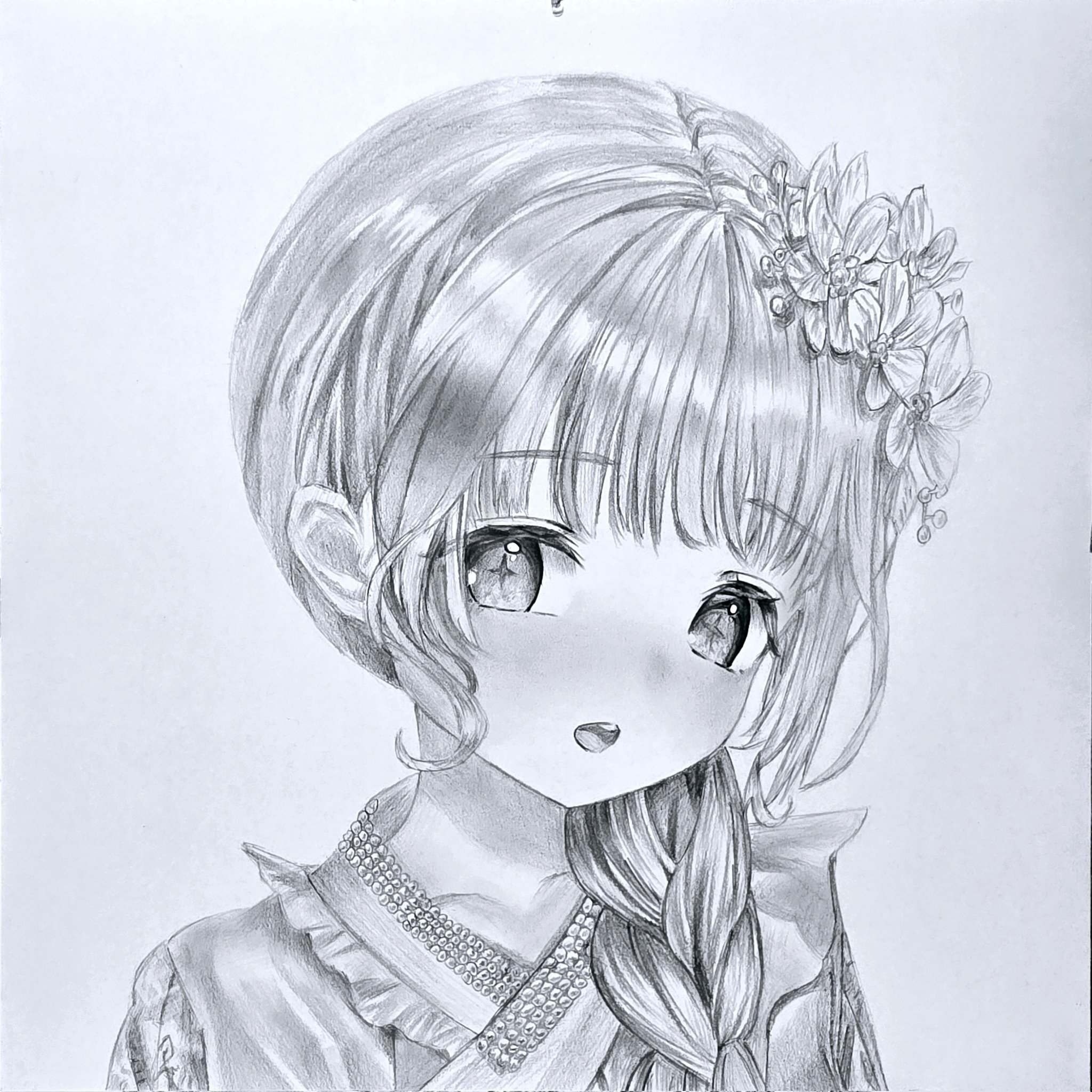 ayatsuno yuni, stellive, commentary request, graphite (medium), highres, korean commentary, traditional media, 1girl, arkre (samongsamong2), braid, flower, frilled shirt, frills, greyscale, hair flower, hair ornament, hair over shoulder, long hair, looking at viewer, monochrome, open mouth, portrait, shirt, single braid, solo, star-shaped pupils, star (symbol), symbol-shaped pupils, virtual youtuber, wispy bangs