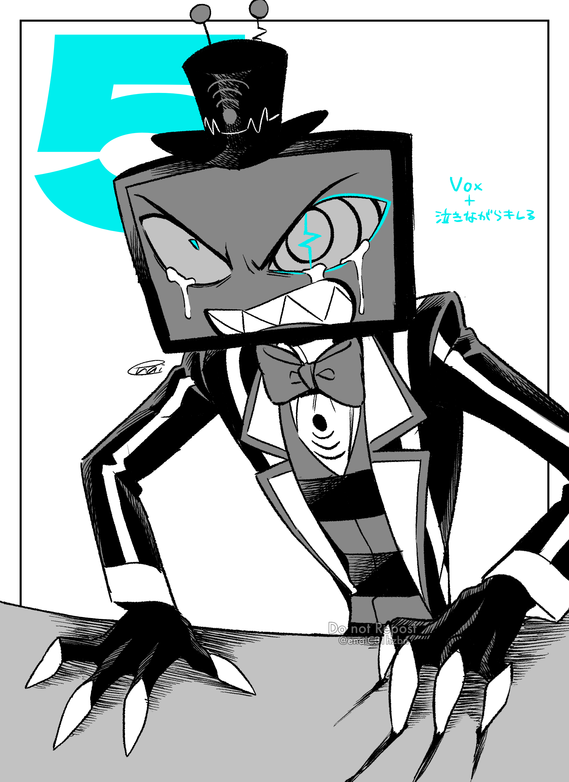 menma (enaic31), vox (hazbin hotel), hazbin hotel, hellaverse, absurdres, commentary request, highres, translation request, 1boy, angry, aqua eyes, bow, bowtie, character name, clawing, clenched teeth, coat, colored sclera, crying, crying with eyes open, fewer digits, greyscale, hat, hatching (texture), lapels, long sleeves, looking ahead, male focus, monochrome, multicolored coat, notched lapels, object head, open clothes, open coat, ringed eyes, sharp teeth, shirt, signature, simple background, solo, spot color, striped clothes, striped coat, striped vest, tears, teeth, television, top hat, traditional bowtie, twitter username, two-tone coat, two-tone vest, upper body, v-shaped eyebrows, vertical-striped coat, vest, watermark, white background