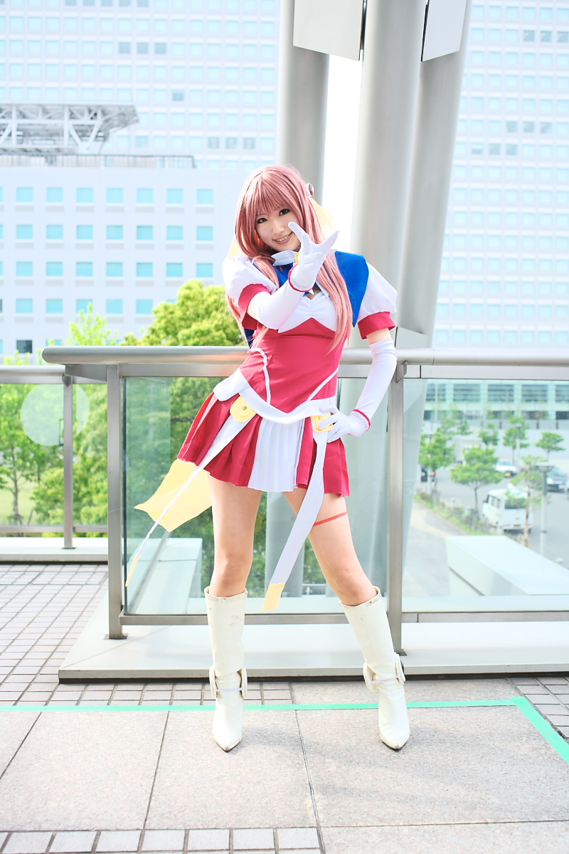 saya (cosplayer), escalayer, choukou (alicesoft), choukou tenshi escalayer, saya-chan, cosplay photo, highres, photo (medium), 1girl, boots, cosplay, dress, elbow gloves, escalayer (cosplay), female focus, gloves, hair ribbon, knee boots, long hair, pink hair, ribbon, smile, solo