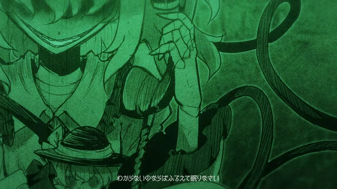 joyfull (terrace), komeiji koishi, touhou, urban legend in limbo, commentary request, 1girl, bow, buttons, character doll, collared shirt, corded phone, diamond button, doll, evil grin, evil smile, faceless, faceless female, frilled sleeves, frills, green theme, grin, hair over eyes, hat, holding, holding phone, horror (theme), muisiki rekuiemu, no eyes, open mouth, phone, shaded face, shirt, silhouette, smile, solo, upper body, wide mouth