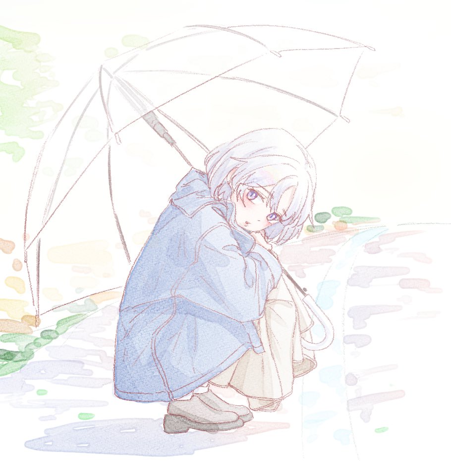unongkong, ayatsuno yuni, stellive, commentary, symbol-only commentary, 1girl, blue coat, bob cut, coat, dot nose, full body, grey shorts, holding, holding umbrella, looking at viewer, looking to the side, outdoors, pale color, parted lips, purple eyes, raincoat, short hair, shorts, solo, squatting, turning head, umbrella, virtual youtuber, white hair, white umbrella