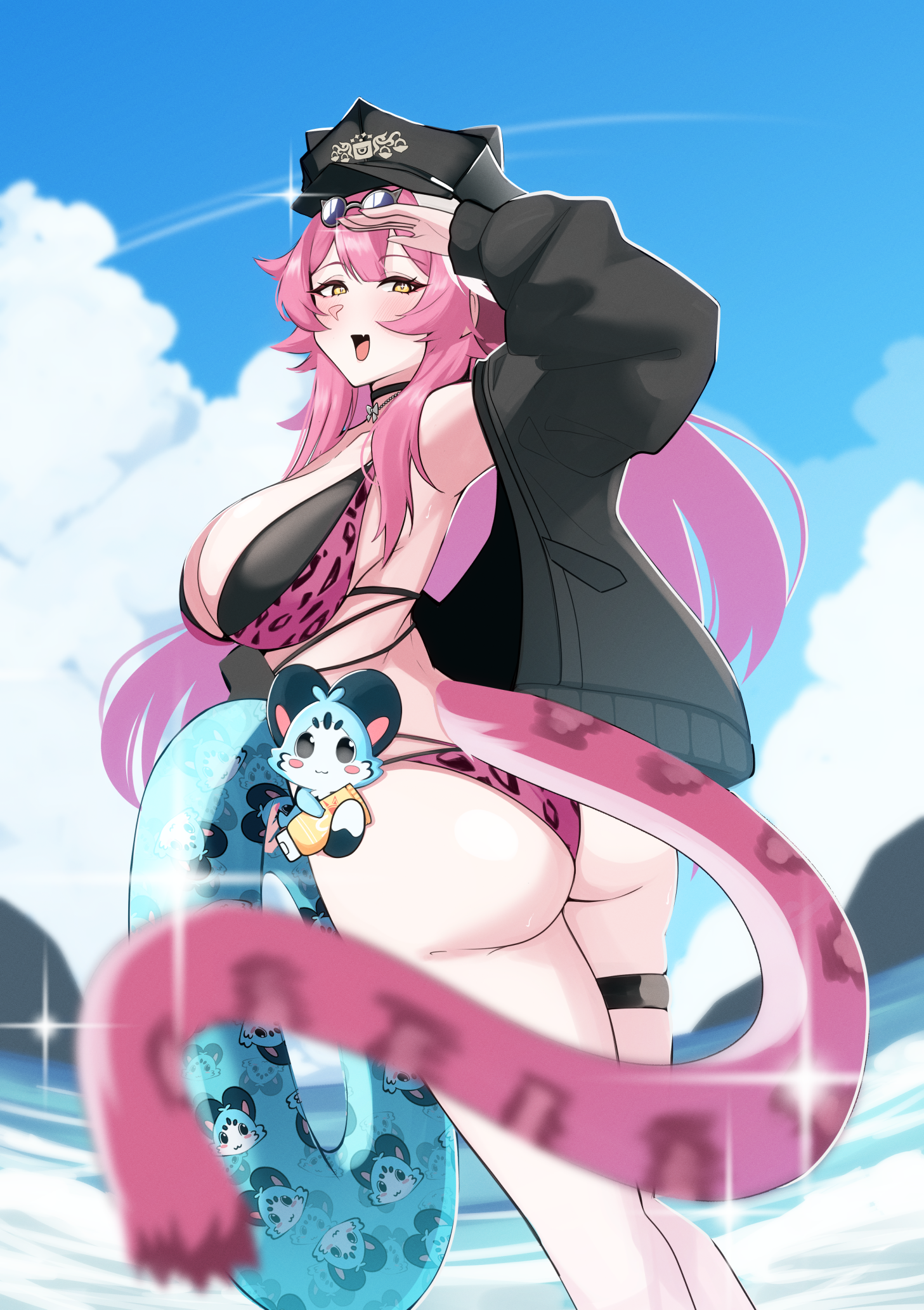 maruneco, chattino (raora panthera), raora panthera, hololive, hololive english, holonatsu paradise, highres, beach, breasts, jacket, large breasts, open clothes, open jacket, pink hair, stuffed animal, stuffed toy, swim ring, swimsuit, tail, virtual youtuber, yellow eyes
