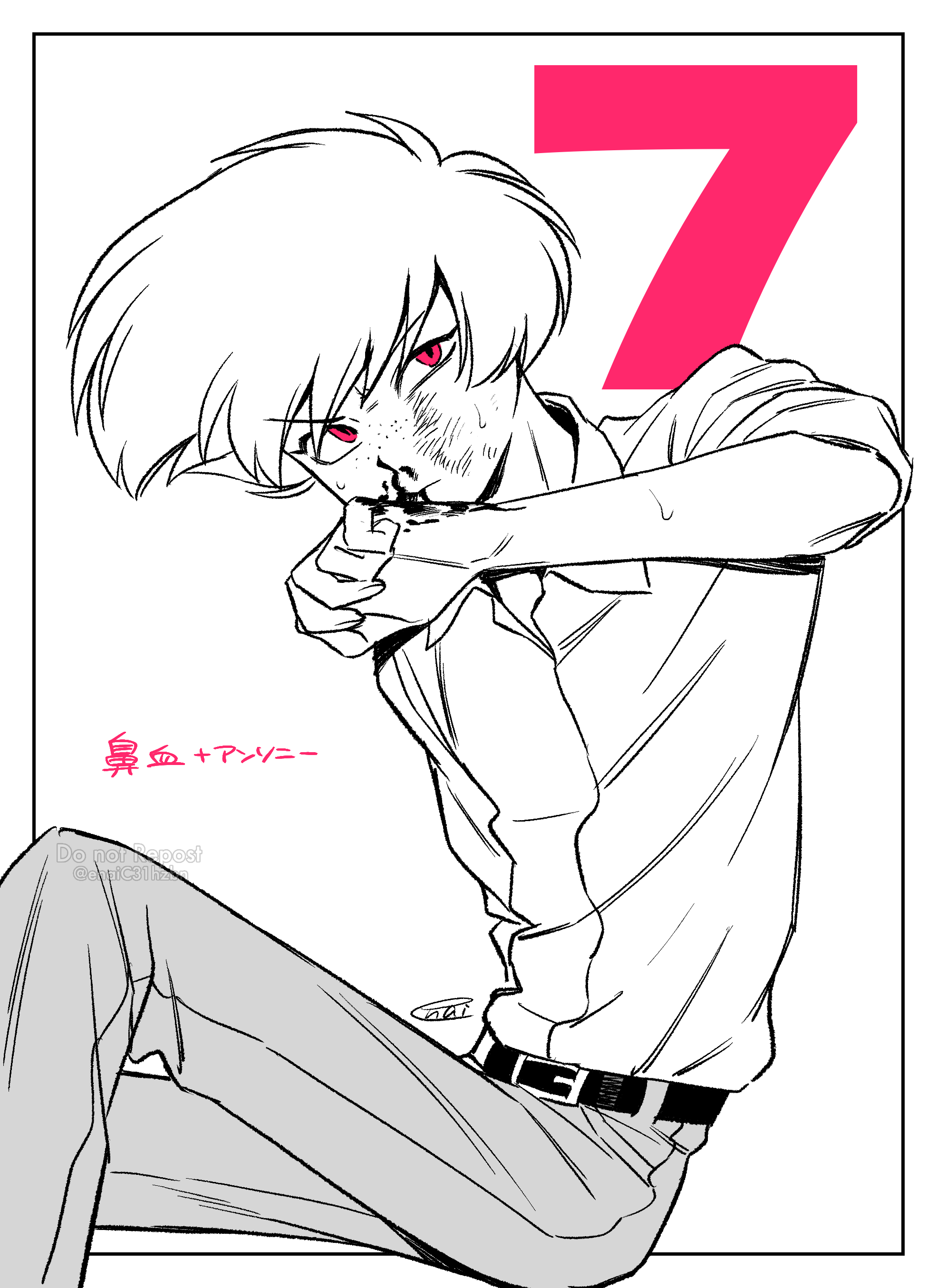 menma (enaic31), angel dust, hazbin hotel, hellaverse, absurdres, commentary request, highres, translation request, 1boy, arm at side, belt, blood, blood on hands, closed mouth, collared shirt, crossed legs, feet out of frame, freckles, greyscale, hand up, hatching (texture), humanization, inset border, looking at viewer, male focus, monochrome, nosebleed, pants, shirt, shirt tucked in, short hair, signature, simple background, sitting, solo, spot color, sweat, twitter username, v-shaped eyebrows, watermark, white background