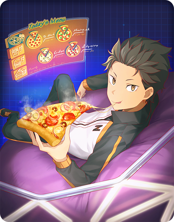 natsuki subaru, alice fiction, re:zero kara hajimeru isekai seikatsu, game cg, non-web source, official art, 1boy, black hair, brown eyes, crossover, eating, english text, food, full body, hair slicked back, holding, holding food, holding pizza, hologram, indoors, jacket, long sleeves, looking at viewer, pizza, short hair, sitting, smile, solo, track jacket, track suit