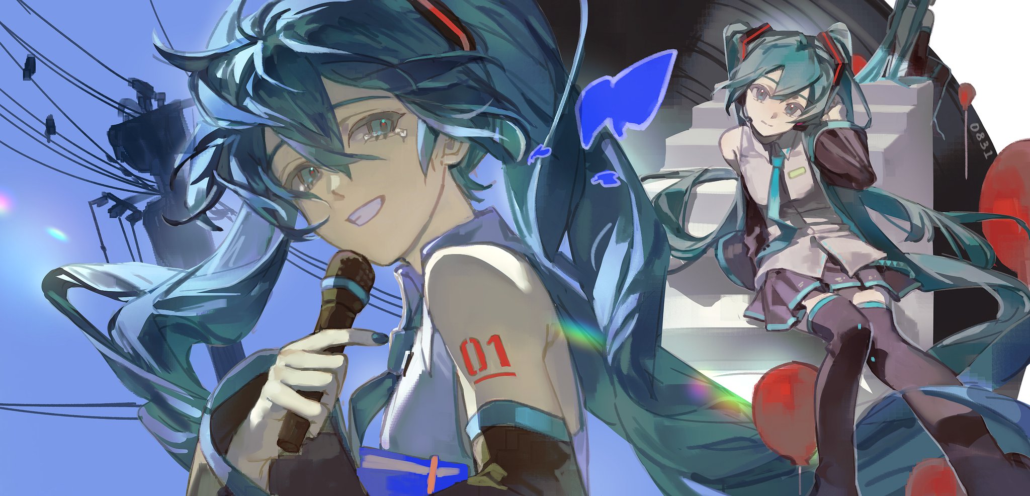lengdong shui xi chong, hatsune miku, vocaloid, highres, 1girl, aqua eyes, aqua hair, aqua necktie, balloon, bare shoulders, black skirt, black sleeves, blue butterfly, blue eyes, blue hair, blue necktie, boots, bug, butterfly, closed mouth, collared shirt, floating hair, grey shirt, grin, hair between eyes, hair ornament, hand up, holding, holding microphone, insect, long hair, looking at viewer, microphone, multiple views, necktie, number tattoo, outdoors, pleated skirt, power lines, shirt, shoulder tattoo, sitting, skirt, sky, sleeveless, sleeveless shirt, smile, stairs, tattoo, teeth, thigh boots, thighhighs, twintails, utility pole, very long hair, zettai ryouiki
