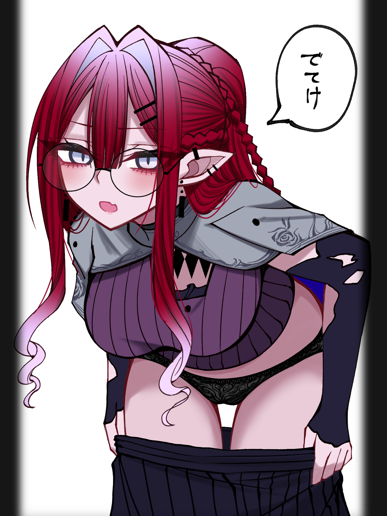 mcpc zamurai, baobhan sith (fate), baobhan sith (swimsuit pretender) (second ascension) (fate), fate/grand order, fate (series), highres, 1girl, black panties, black skirt, breasts, capelet, earrings, glasses, grey capelet, grey eyes, jewelry, long hair, looking at viewer, panties, pink hair, pointy ears, round eyewear, sidelocks, skirt, solo, underwear, undressing, white background