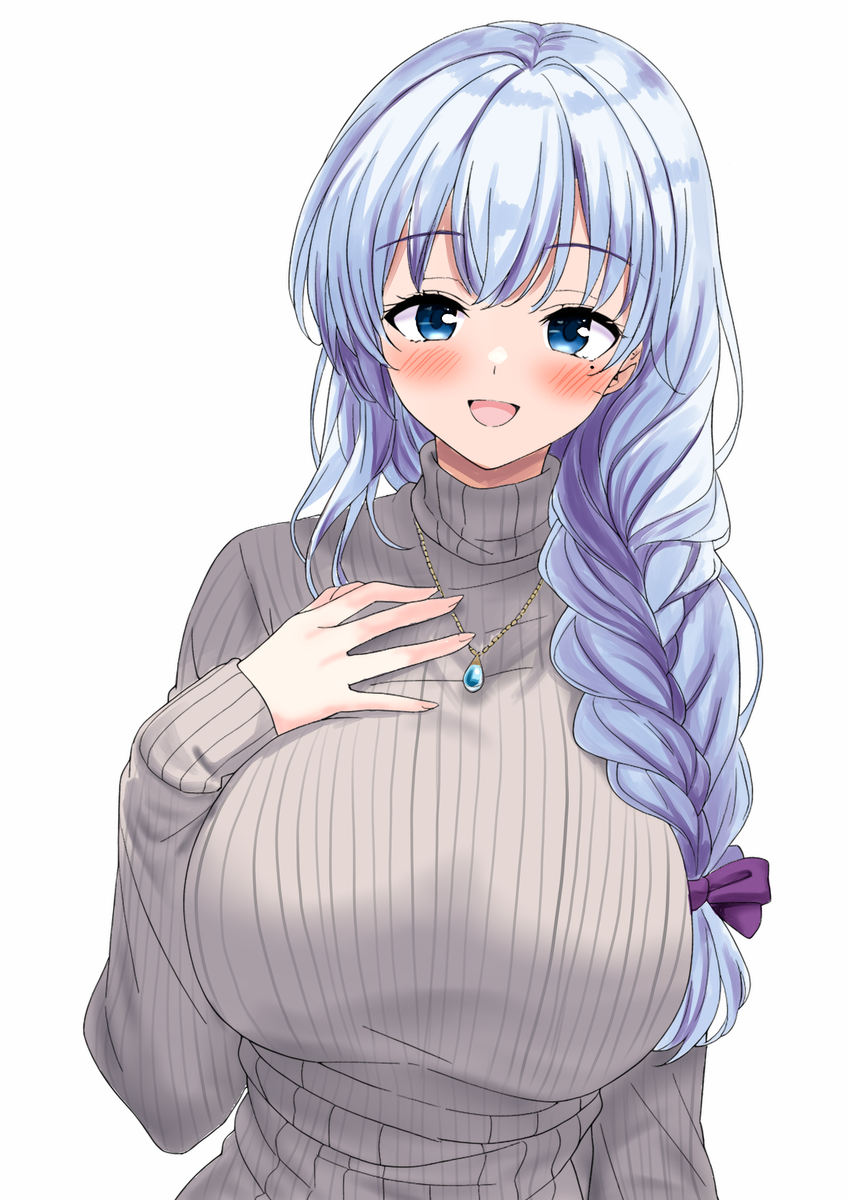 girlfriend (kari), tagme, 1girl, blue eyes, blue hair, bow, braid, girlfriend (kari)t, grey sweater, hair bow, hair ornament, hairclip, jewelry, looking at viewer, necklace, night, open mouth, outdoors, panyasketch, purple bow, ribbed sweater, single braid, smile, solo, sweater