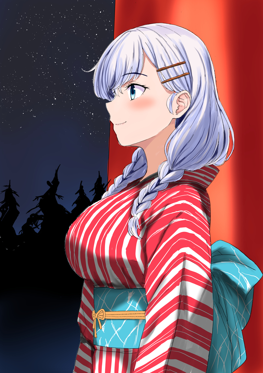murakami fumio, girlfriend (kari), tagme, 1girl, blue eyes, blue hair, braid, closed mouth, flower, hair flower, hair ornament, hairclip, japanese clothes, kimono, night, outdoors, panyasketch, red kimono, side profile, smile, solo, striped clothes, yukata