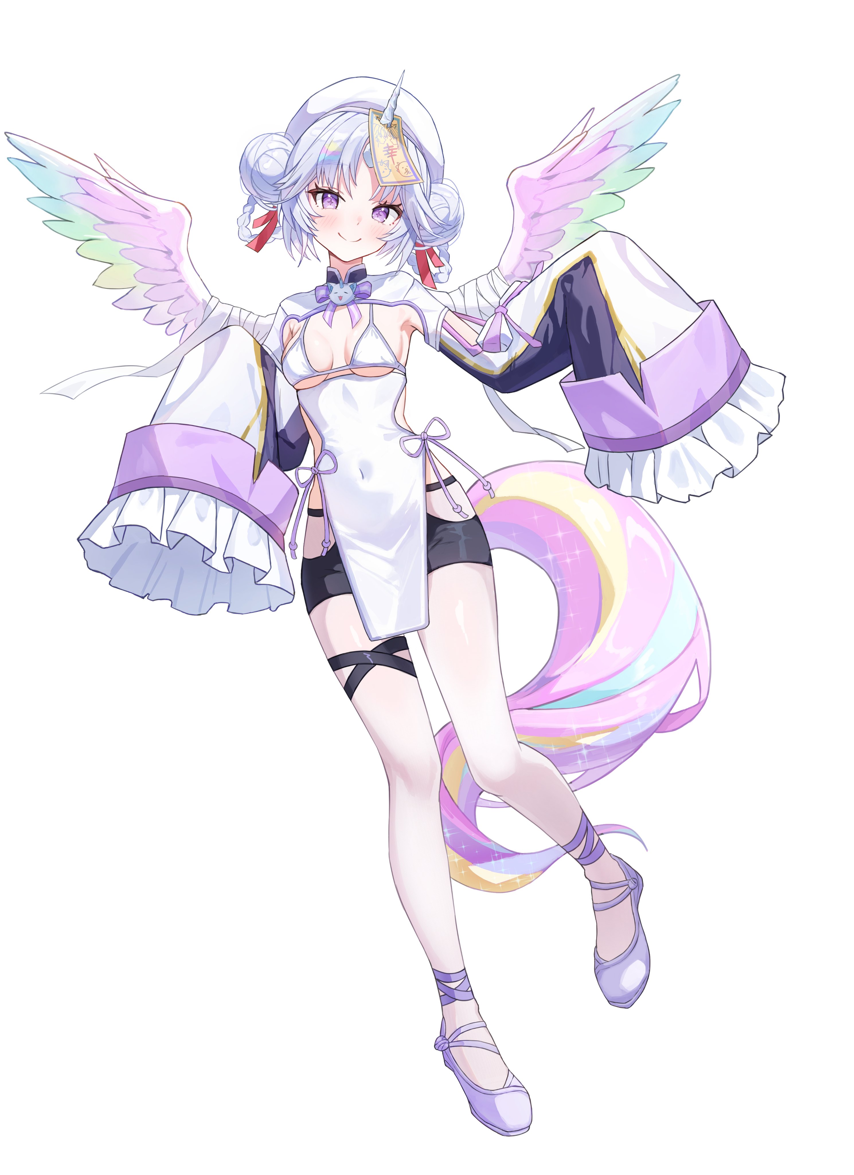 suis (suis022511), ayatsuno yuni, stellive, absurdres, commentary, highres, symbol-only commentary, 1girl, black shorts, bra, china dress, chinese clothes, closed mouth, clothing cutout, covered navel, double bun, dress, feathered wings, full body, grey hair, hair bun, hair ribbon, hat, long sleeves, looking at viewer, multicolored tail, multicolored wings, pantyhose, purple eyes, purple shoes, red ribbon, ribbon, shoes, shorts, shrug (clothing), simple background, sleeves past fingers, sleeves past wrists, smile, solo, split mouth, star-shaped pupils, star (symbol), string bra, symbol-shaped pupils, tail, thigh strap, underwear, unicorn horn, virtual youtuber, white background, white bra, white dress, white hat, white pantyhose, white shrug, wide sleeves, wings