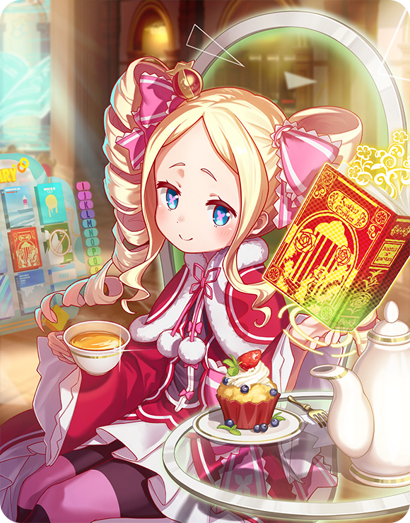 beatrice (re:zero), alice fiction, re:zero kara hajimeru isekai seikatsu, game cg, non-web source, official art, 1girl, blonde hair, blue eyes, book, butterfly-shaped pupils, capelet, crossover, crown, cup, dress, drill hair, floating, floating object, food, fur-trimmed capelet, fur trim, hair ribbon, holding, holding cup, indoors, long hair, long sleeves, looking at viewer, magic, mini crown, pantyhose, pink pupils, pink ribbon, red capelet, ribbon, sidelocks, solo, striped clothes, striped pantyhose, symbol-shaped pupils, table, tea, twin drills
