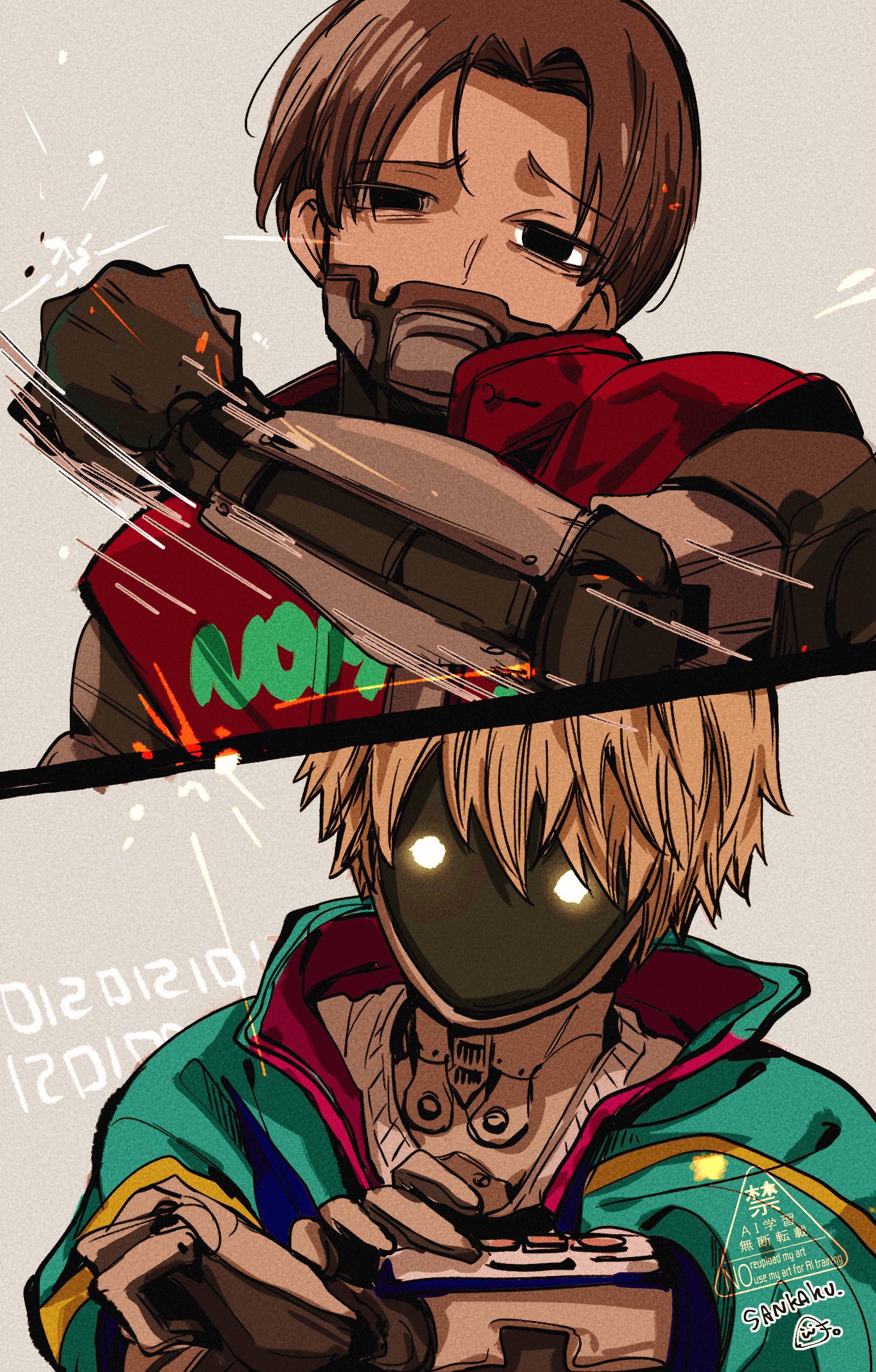 karaokemint, milky galactic universe, milky subway, highres, 2boys, artist name, black eyes, blonde hair, brown hair, clenched hand, cyborg, glowing, glowing eyes, hacking, kurt cramer, looking at viewer, male focus, max mccalister, mechanical arms, multiple boys, no mouth, parted bangs, simple background, upper body, vest, watermark, windbreaker, yellow eyes