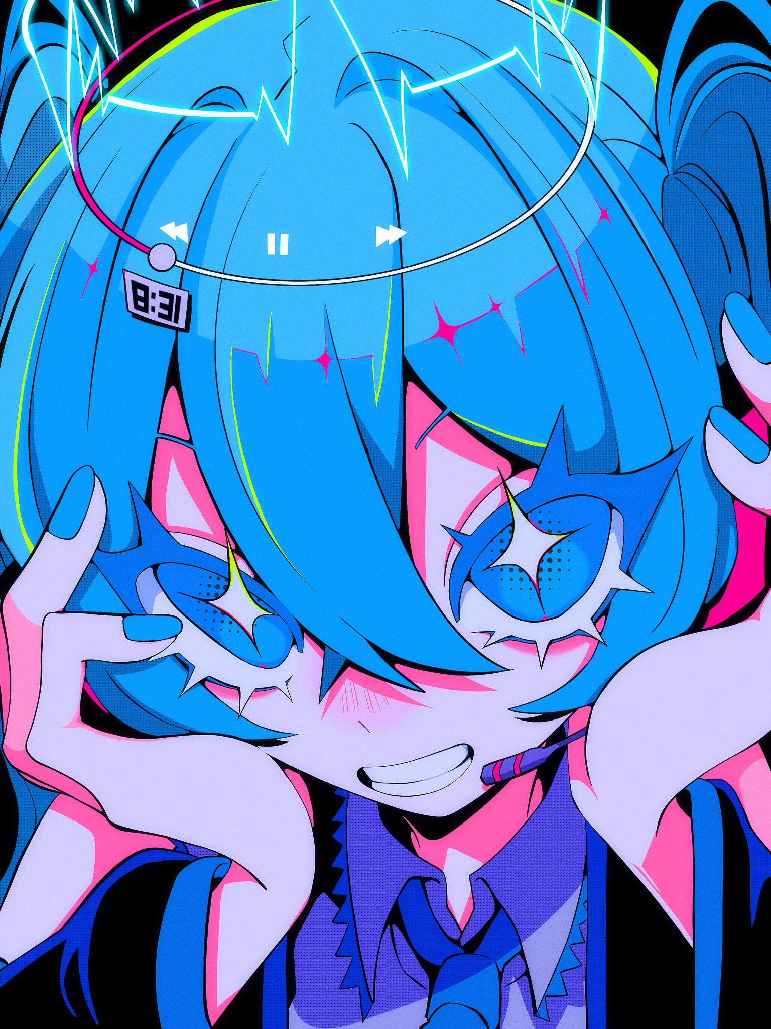 ichiki (1 09), hatsune miku, vocaloid, highres, 1girl, black background, black sleeves, blue eyes, blue hair, blue nails, blue necktie, collared shirt, detached sleeves, grey shirt, grin, hair between eyes, hands on own cheeks, hands on own face, hands up, headset, long hair, looking at viewer, nail polish, necktie, portrait, shirt, sleeveless, sleeveless shirt, smile, solo, teeth, twintails, upper body