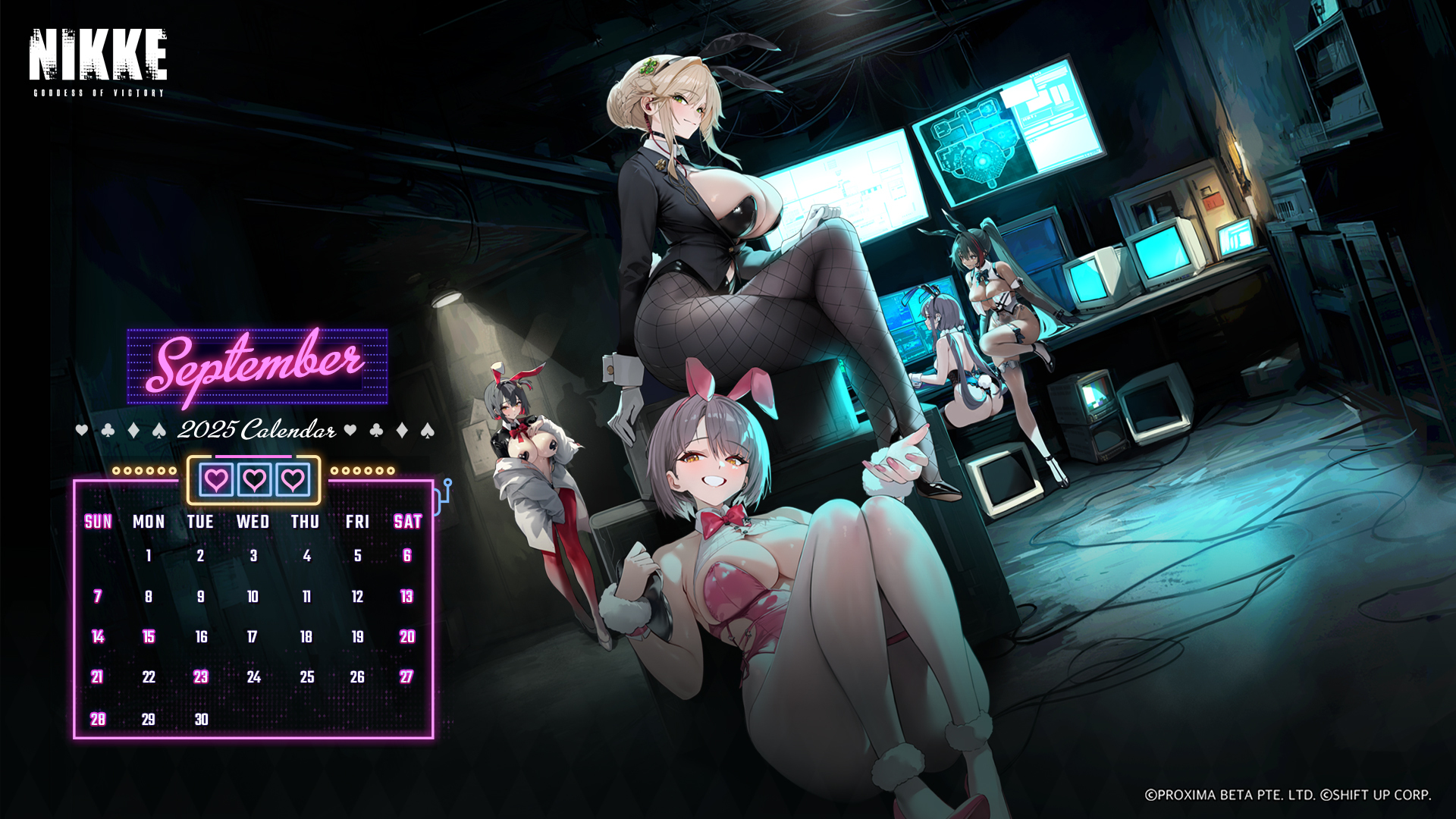 ade (agent bunny) (nikke), ade (nikke), bay (nikke), exia (hacker rabbit) (nikke), exia (nikke), milk (blooming bunny) (nikke), milk (nikke), rouge (nikke), goddess of victory: nikke, highres, 1girl, 5girls, animal ear hairband, animal ears, bay (radiant rabbit) (nikke), between breasts, black choker, black hair, black leotard, blush, bow, bowtie, breast curtains, breasts, bun with braided base, choker, cleavage, clothing cutout, clover hair ornament, clover pin, colored inner hair, fake animal ears, four-leaf clover hair ornament, frontless outfit, green eyes, hair bun, hair ornament, hairband, heart pasties, indoors, large breasts, leotard, long hair, looking at viewer, monitor, multicolored hair, multiple girls, navel cutout, necktie, necktie between breasts, official alternate costume, pantyhose, pasties, pink bow, pink bowtie, pink leotard, playboy bunny, ponytail, rabbit ear hairband, rabbit ears, rabbit tail, red hair, reverse bunnysuit, reverse outfit, see-through clothes, see-through leotard, see-through thighhighs, short hair, single hair bun, solo, streaked hair, tail, thighhighs, twintails, undersized breast cup, white pantyhose, yellow eyes