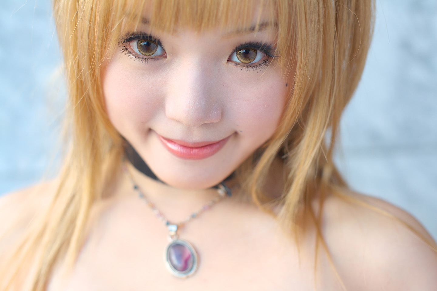 kipi-san, amane misa, death note, photo (medium), 1girl, amane misa (cosplay), asian, bare shoulders, blonde hair, choker, color contacts, cosplay, female focus, indoors, jewelry, long hair, looking at viewer, mole, pendant, smile, solo