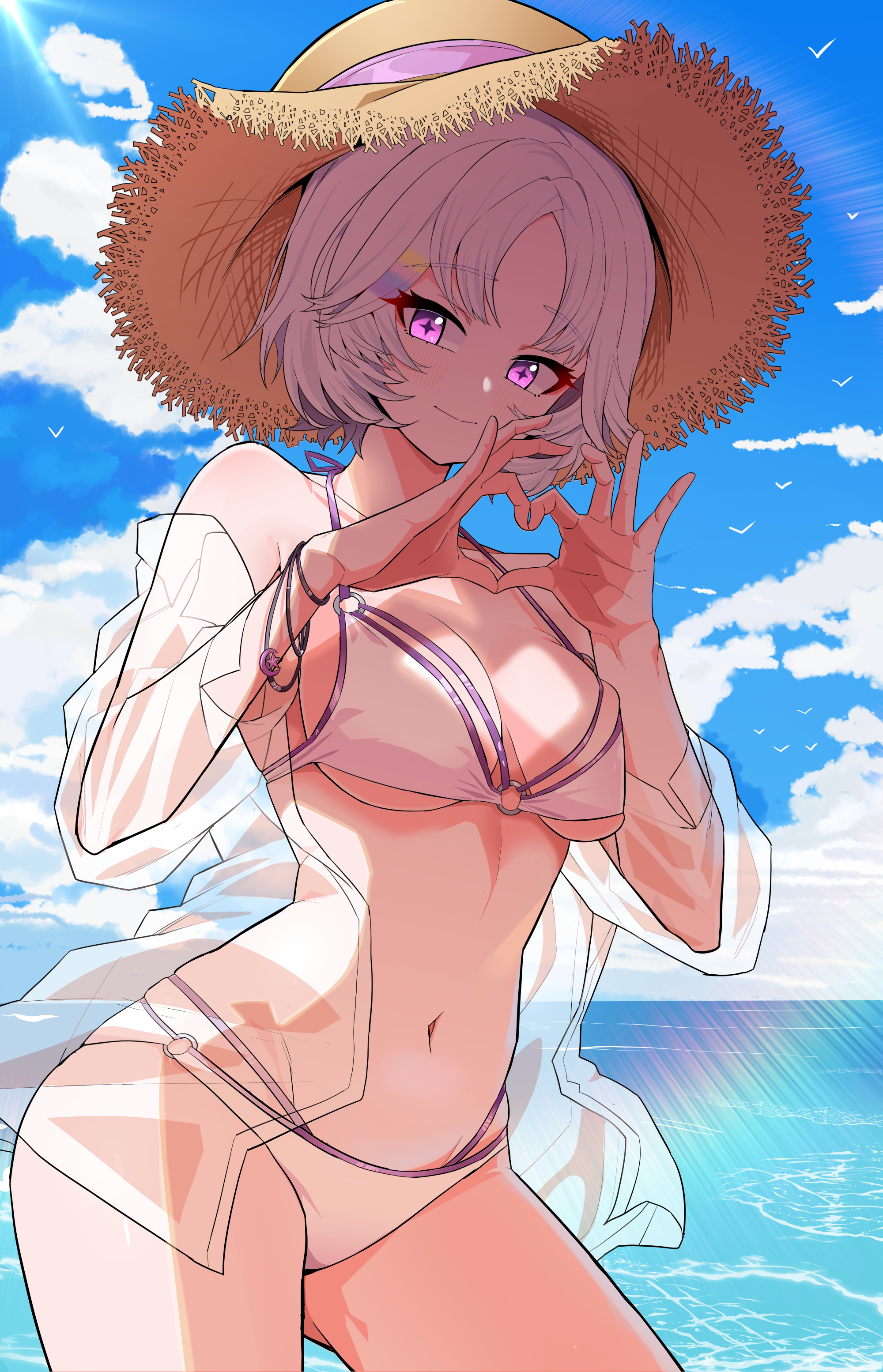 ayatsuno yuni, stellive, absurdres, commentary request, highres, korean commentary, 1girl, anyway its over 24, bikini, blue sky, bob cut, breasts, brown hat, closed mouth, cloud, cowboy shot, forehead, grey bikini, grey hair, hands up, hat, heart, heart hands, horizon, large breasts, lens flare, long sleeves, navel, o-ring, o-ring bikini, ocean, open clothes, open shirt, parted bangs, purple eyes, see-through clothes, see-through shirt, shirt, short hair, simple bird, sky, smile, solo, standing, star-shaped pupils, star (symbol), stomach, straw hat, string bikini, swimsuit, symbol-shaped pupils, virtual youtuber, white shirt