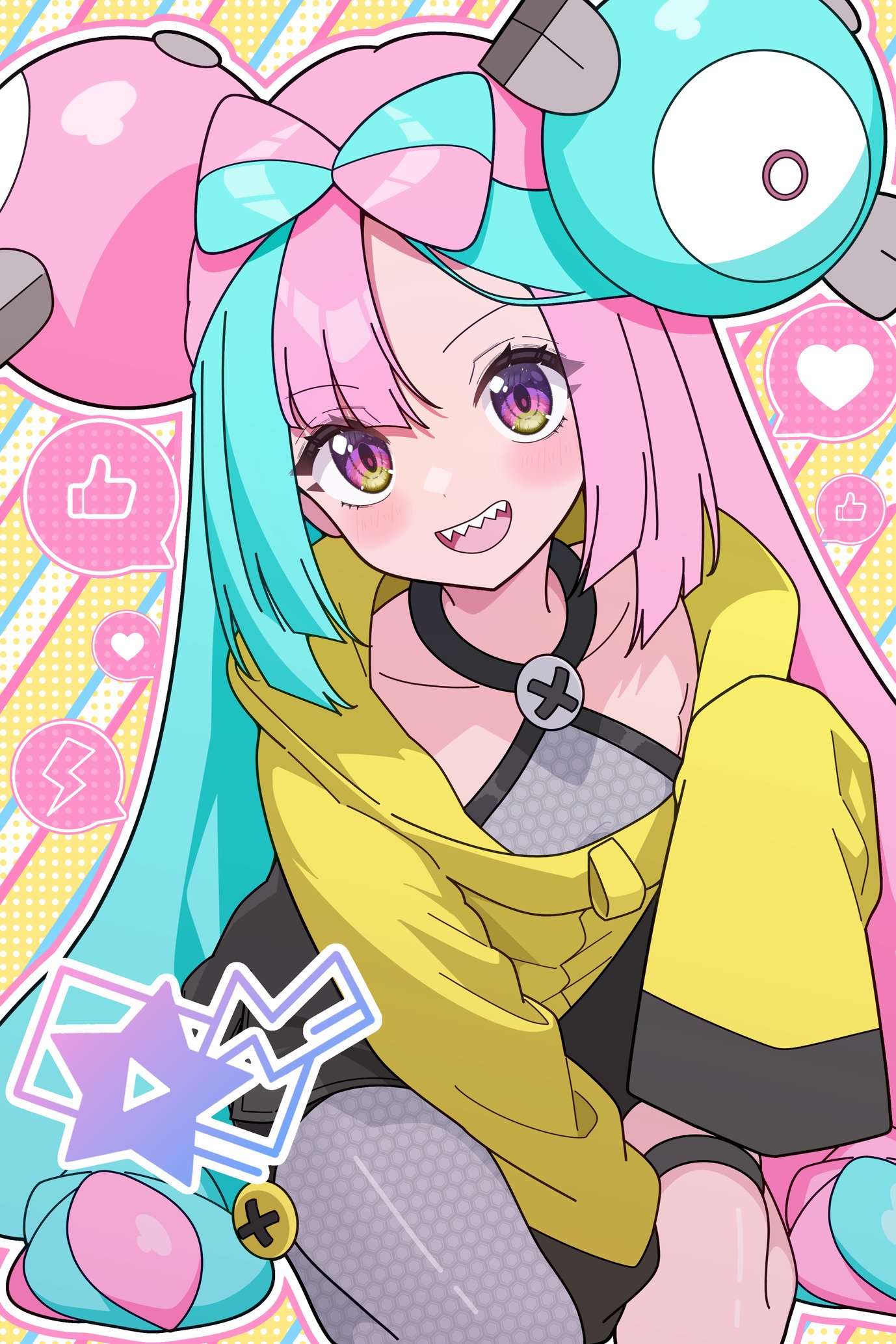 odorukaminoke, iono (pokemon), nintendo, pokemon, pokemon sv, highres, 1girl, :d, blush, bow-shaped hair, grey pantyhose, grey shirt, hair ornament, heart, hexagon print, jacket, long hair, looking at viewer, multicolored hair, open mouth, pantyhose, pink hair, purple eyes, sharp teeth, shirt, single leg pantyhose, sitting, sleeveless, sleeveless shirt, sleeves past fingers, sleeves past wrists, smile, solo, split-color hair, star (symbol), teeth, thigh strap, two-tone hair, upper teeth only, very long sleeves, x (symbol)