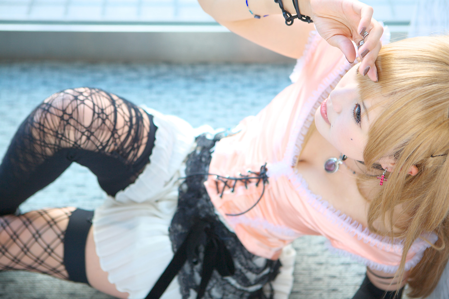 kipi-san, amane misa, death note, photo (medium), 1girl, amane misa (cosplay), asian, bare shoulders, blonde hair, breasts, color contacts, cosplay, cross, cross earrings, earrings, female focus, gloves, indoors, jewelry, long hair, miniskirt, mole, pendant, ring, single glove, skirt, small breasts, solo, thighhighs, zettai ryouiki