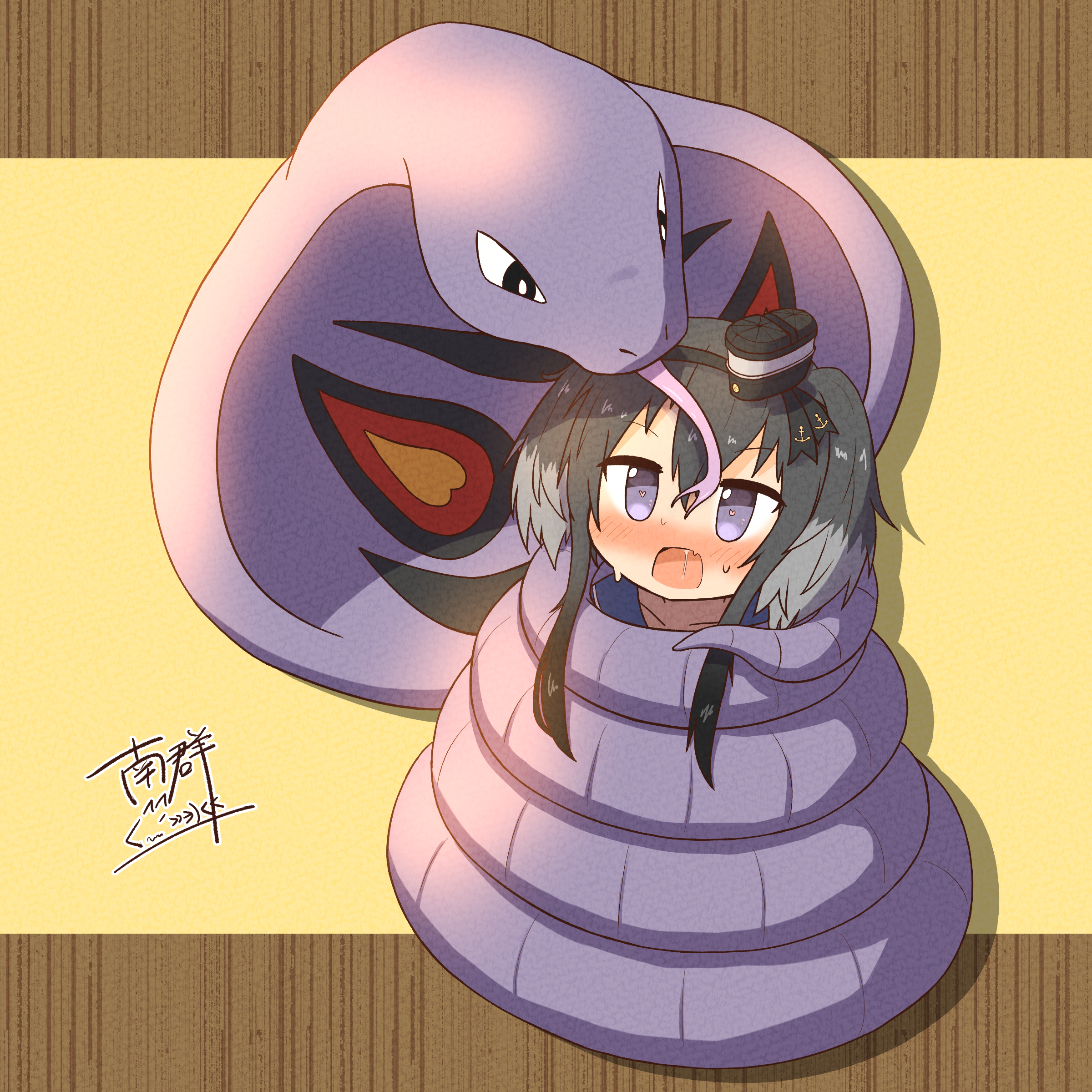 moon sugar, arbok, tokitsukaze (kancolle), kantai collection, nintendo, pokemon, absurdres, commentary request, commission, highres, skeb commission, 1girl, anchor symbol, black eyes, black hair, blue sailor collar, blush, constriction, crossover, forked tongue, gen 1 pokemon, grey hair, hair between eyes, heart, heart-shaped pupils, multicolored hair, nose blush, open mouth, pokemon (creature), purple eyes, sailor collar, short hair with long locks, signature, simple background, sweat, symbol-shaped pupils, tongue