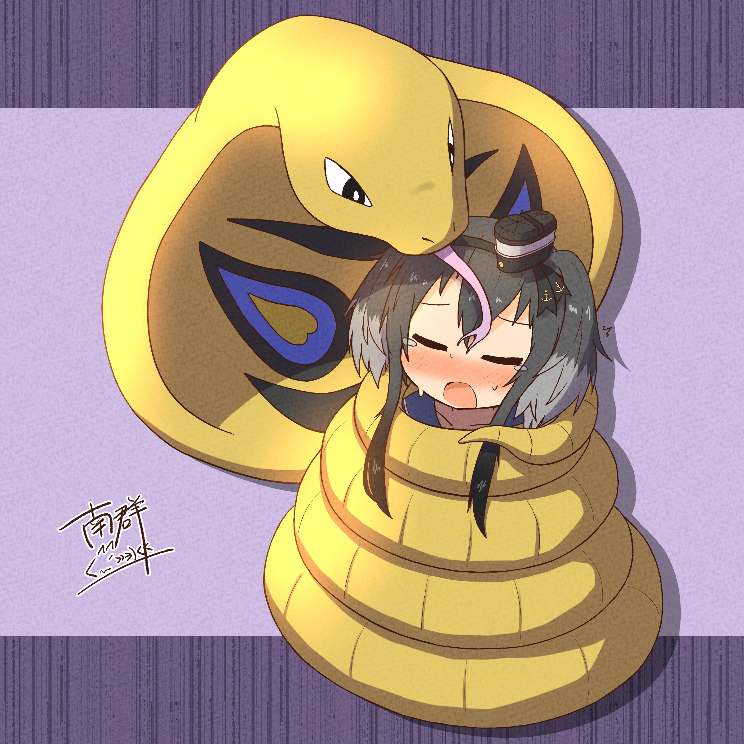 moon sugar, arbok, tokitsukaze (kancolle), kantai collection, nintendo, pokemon, absurdres, commentary request, commission, highres, skeb commission, 1girl, alternate color, anchor symbol, black eyes, black hair, blue sailor collar, blush, closed eyes, constriction, crossover, forked tongue, gen 1 pokemon, grey hair, hair between eyes, multicolored hair, nose blush, open mouth, pokemon (creature), sailor collar, shiny pokemon, short hair with long locks, signature, simple background, sweat, tears, tongue