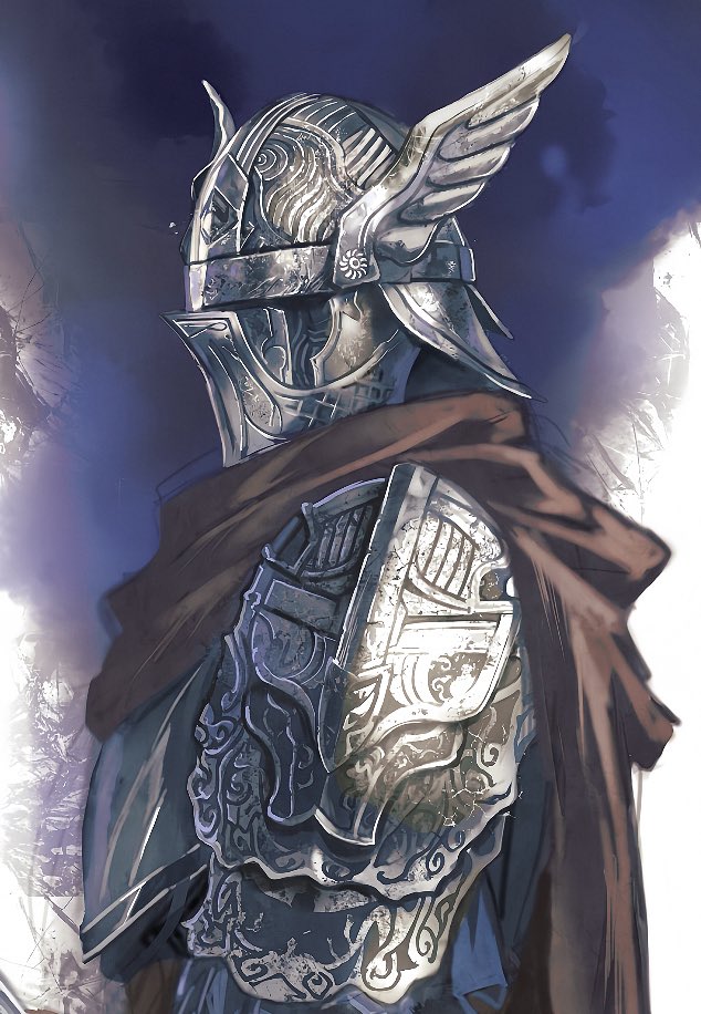 yujia0412, wylder (elden ring), elden ring, elden ring nightreign, 1boy, armor, black cape, blue background, breastplate, cape, covered face, helmet, pauldrons, shoulder armor, solo, upper body, white background, winged helmet