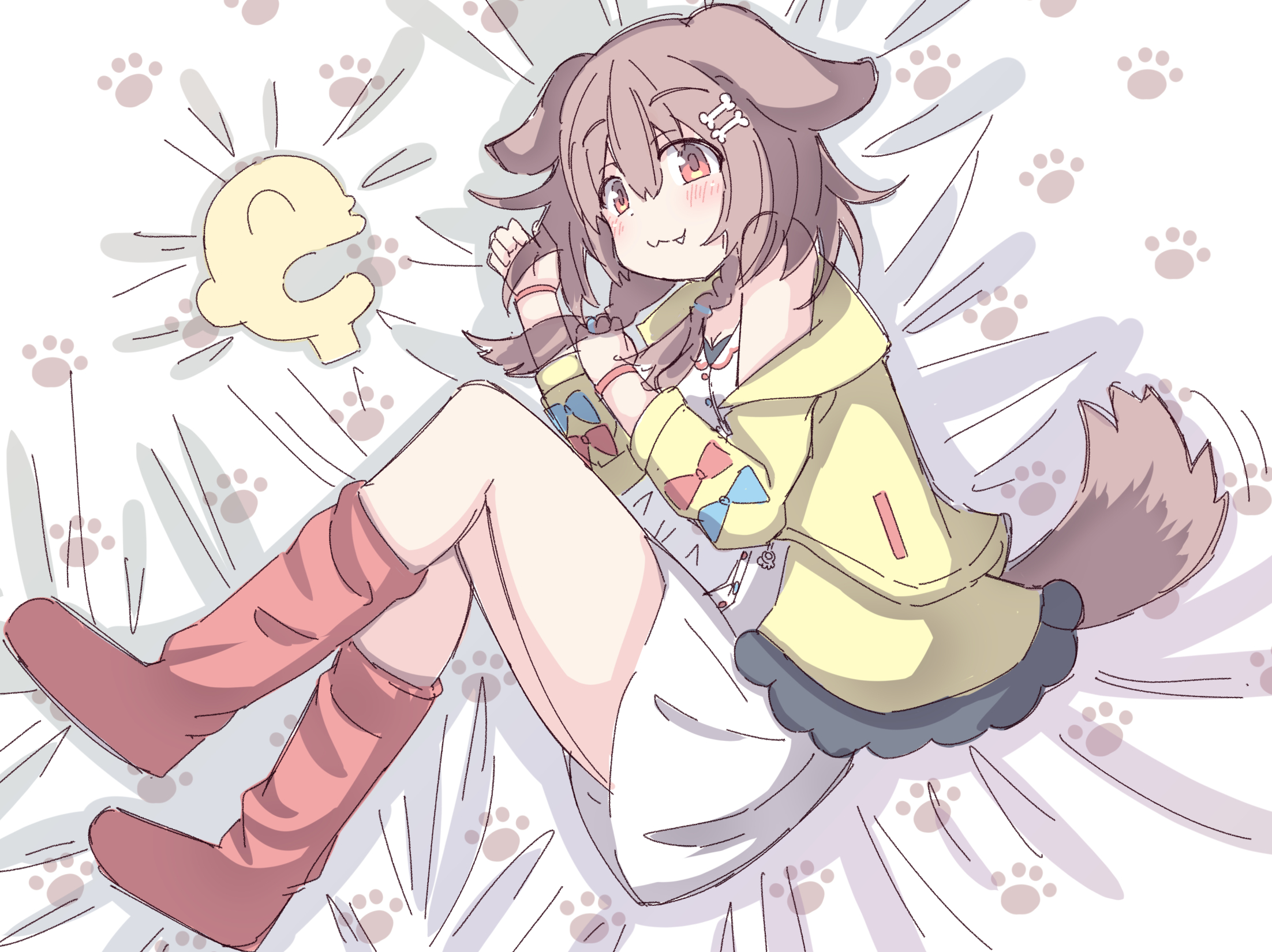 umberblack, inugami korone, inugami korone (1st costume), listener (inugami korone), hololive, commentary request, highres, 1girl, 1other, :3, bare shoulders, bed sheet, blue bow, blush, bone hair ornament, bow, braid, breasts, brown hair, cartoon bone, cleavage, closed mouth, dress, fang, fang out, full body, hair between eyes, hair ornament, hair over shoulder, hands up, jacket, low twintails, lying, medium breasts, motion lines, no shoes, off shoulder, on side, open clothes, open jacket, red bow, red eyes, red socks, sleeveless, sleeveless dress, socks, twin braids, twintails, white dress, yellow jacket