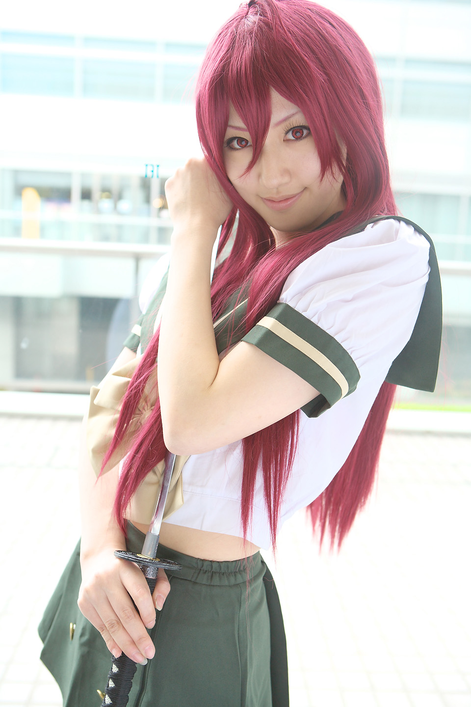 saya (cosplayer), shana, shakugan no shana, highres, photo (medium), cosplay, katana, red hair, sailor, school uniform, serafuku, sword, weapon