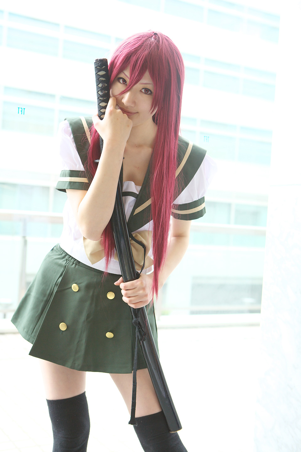 saya (cosplayer), shana, shakugan no shana, highres, photo (medium), cosplay, katana, red hair, sailor, school uniform, serafuku, sword, thighhighs, weapon