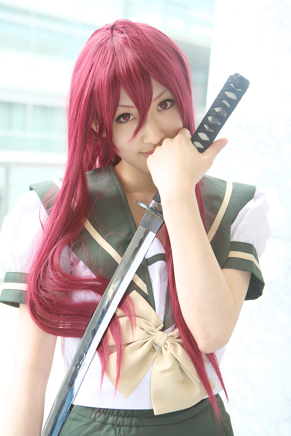 saya (cosplayer), shana, shakugan no shana, highres, photo (medium), cosplay, katana, red hair, sailor, school uniform, serafuku, sword, weapon