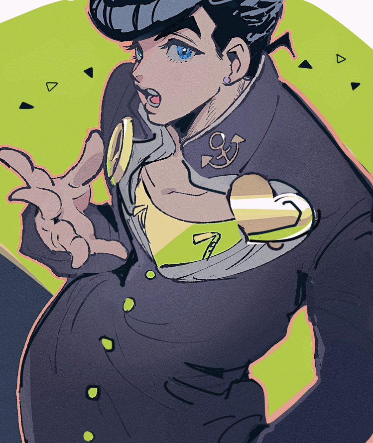 tirauraja, higashikata josuke, diamond wa kudakenai, jojo no kimyou na bouken, commentary request, 1boy, anchor symbol, arm up, black hair, black jacket, black pants, blue eyes, buttons, collarbone, collared jacket, crew neck, earrings, eyelashes, gakuran, hand in pocket, heart, jacket, jewelry, long sleeves, male focus, open mouth, pants, peace symbol, piercing, pompadour, popped collar, school uniform, shirt, short sideburns, solo, stud earrings, teeth, tongue, zipper pull tab
