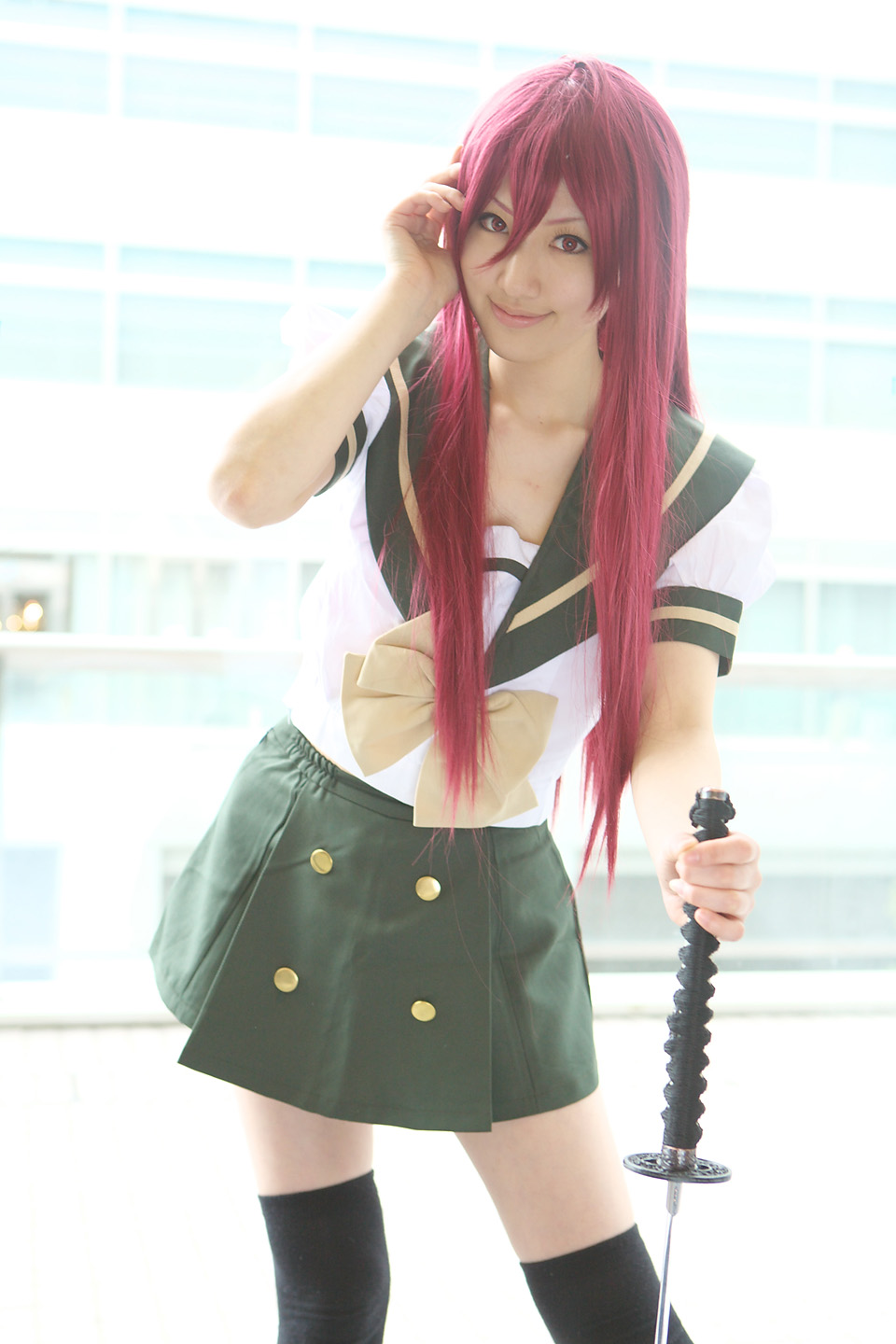 saya (cosplayer), shana, shakugan no shana, highres, photo (medium), cosplay, katana, red hair, sailor, school uniform, serafuku, sword, thighhighs, weapon