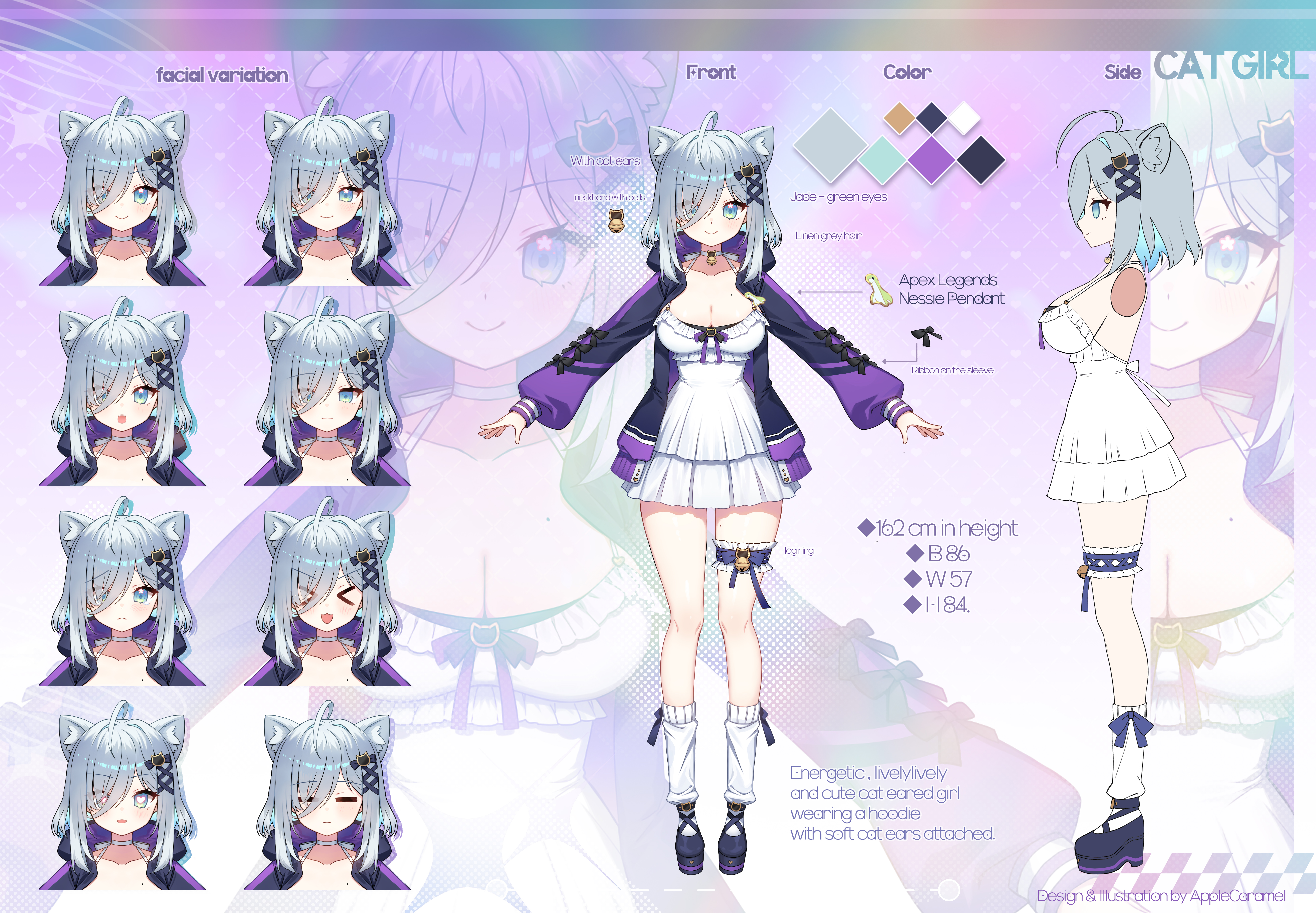 apple caramel, nessie (respawn), apex legends, absurdres, commentary request, commission, copyright request, highres, official art, pixiv commission, > <, 1girl, :d, ahoge, animal ear fluff, animal ears, bell, black jacket, black shoes, blue hair, breasts, cat ears, cleavage, closed eyes, closed mouth, dress, english text, frilled dress, frills, green eyes, grey hair, hair ornament, hair over one eye, heart, heart-shaped pupils, jacket, jingle bell, large breasts, long sleeves, loose socks, multicolored hair, multiple views, open clothes, open jacket, open mouth, profile, puffy long sleeves, puffy sleeves, shoes, sleeves past wrists, smile, socks, symbol-shaped pupils, two-tone hair, virtual youtuber, white dress, white socks, x hair ornament, xd