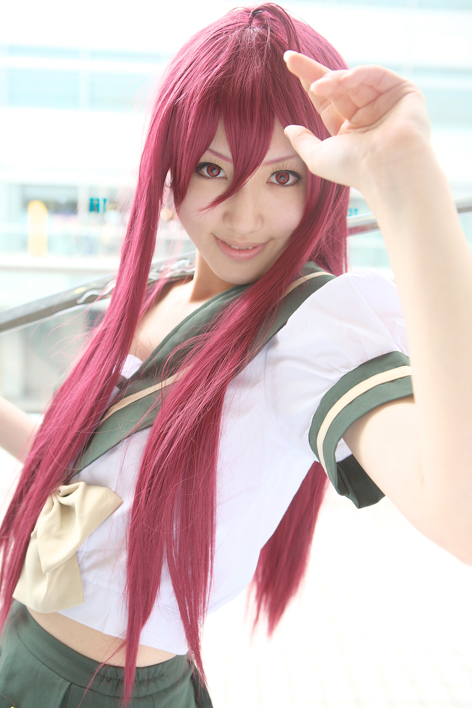 saya (cosplayer), shana, shakugan no shana, highres, photo (medium), cosplay, katana, red hair, sailor, school uniform, serafuku, sword, weapon