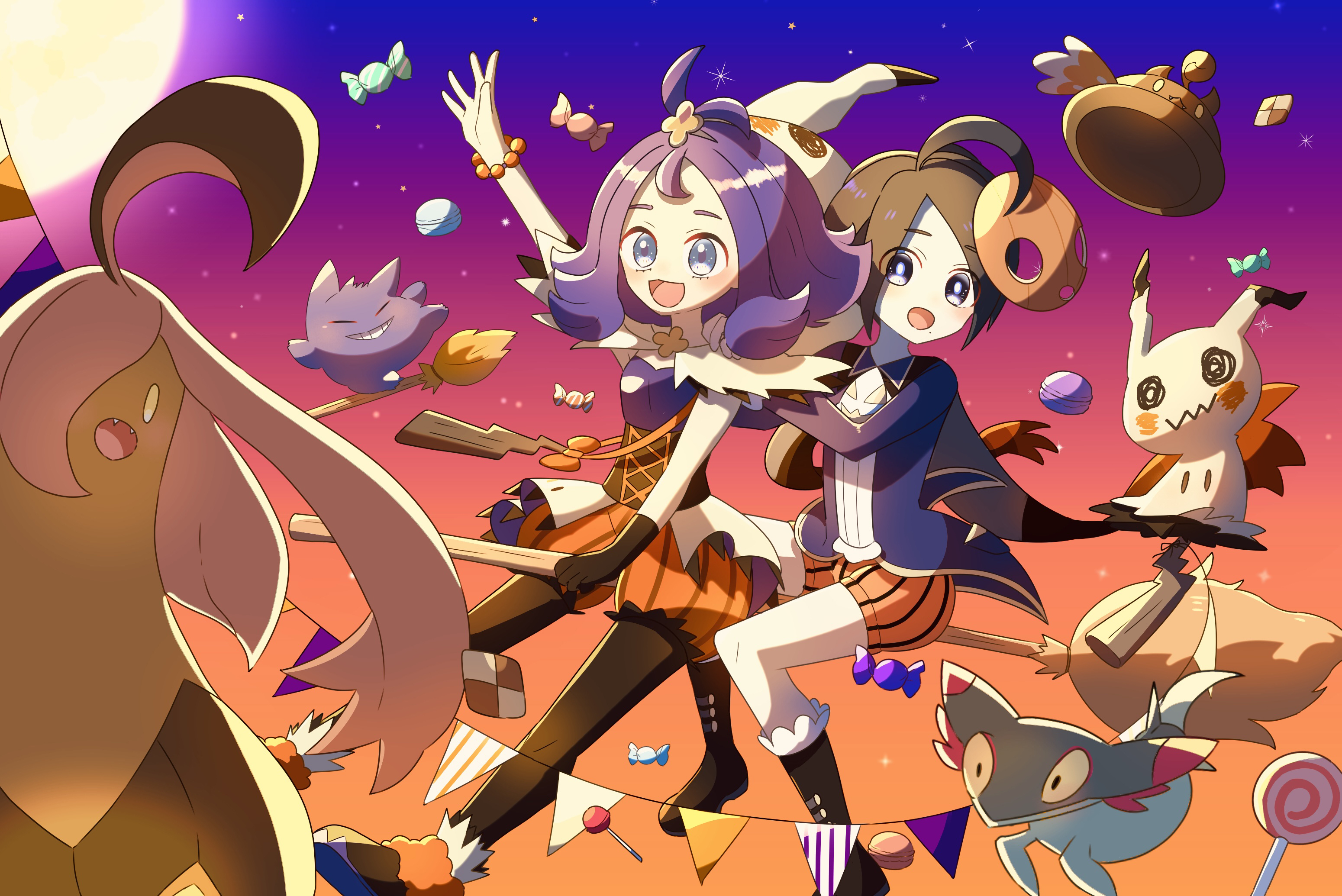 harapeko (syokuyokuousei), acerola (fall 2020) (pokemon), acerola (pokemon), allister (fall 2022) (pokemon), allister (pokemon), dreepy, gengar, gourgeist, mimikyu, nintendo, pokemon, pokemon masters ex, highres, 1boy, 1girl, ahoge, black hair, broom, broom riding, candy, food, gen 1 pokemon, gen 6 pokemon, gen 7 pokemon, gen 8 pokemon, lollipop, mask, night, night sky, official alternate costume, open mouth, pokemon (creature), purple hair, sky, string of flags, swirl lollipop, unworn mask