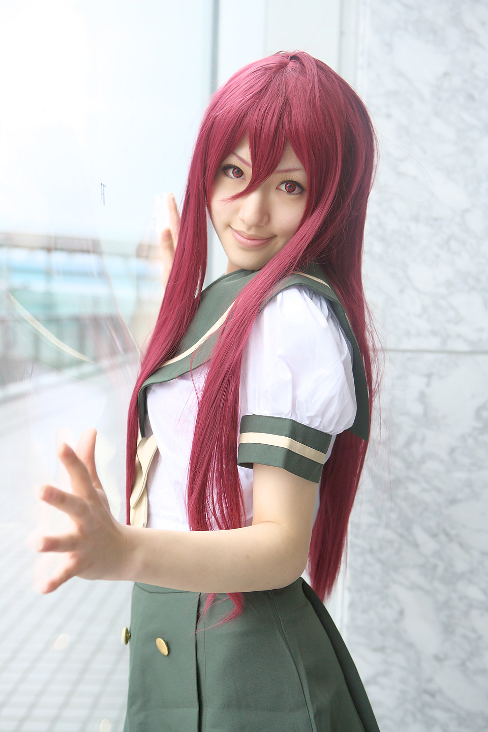 saya (cosplayer), shana, shakugan no shana, highres, photo (medium), cosplay, red hair, sailor, school uniform, serafuku