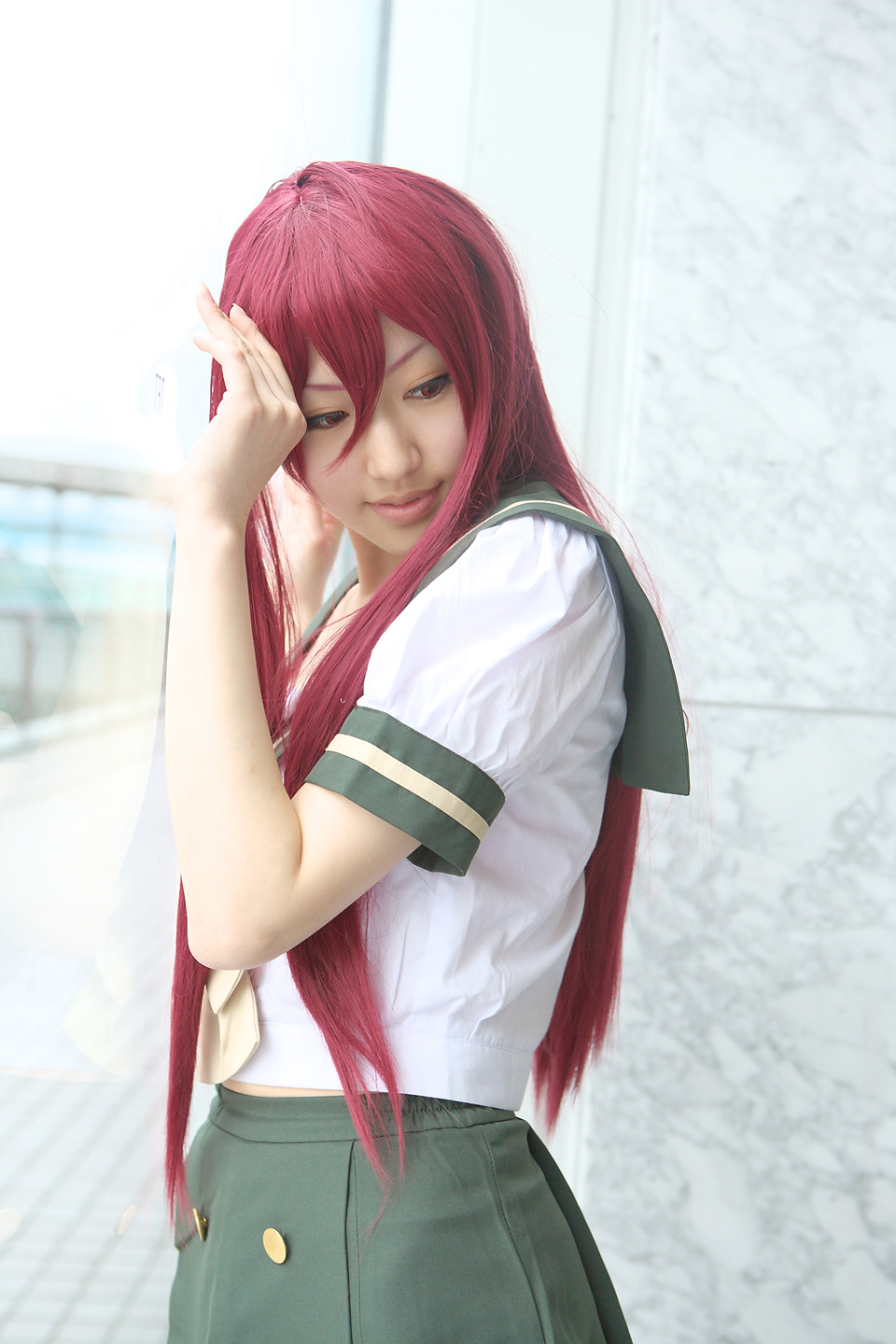 saya (cosplayer), shana, shakugan no shana, highres, photo (medium), cosplay, red hair, sailor, school uniform, serafuku