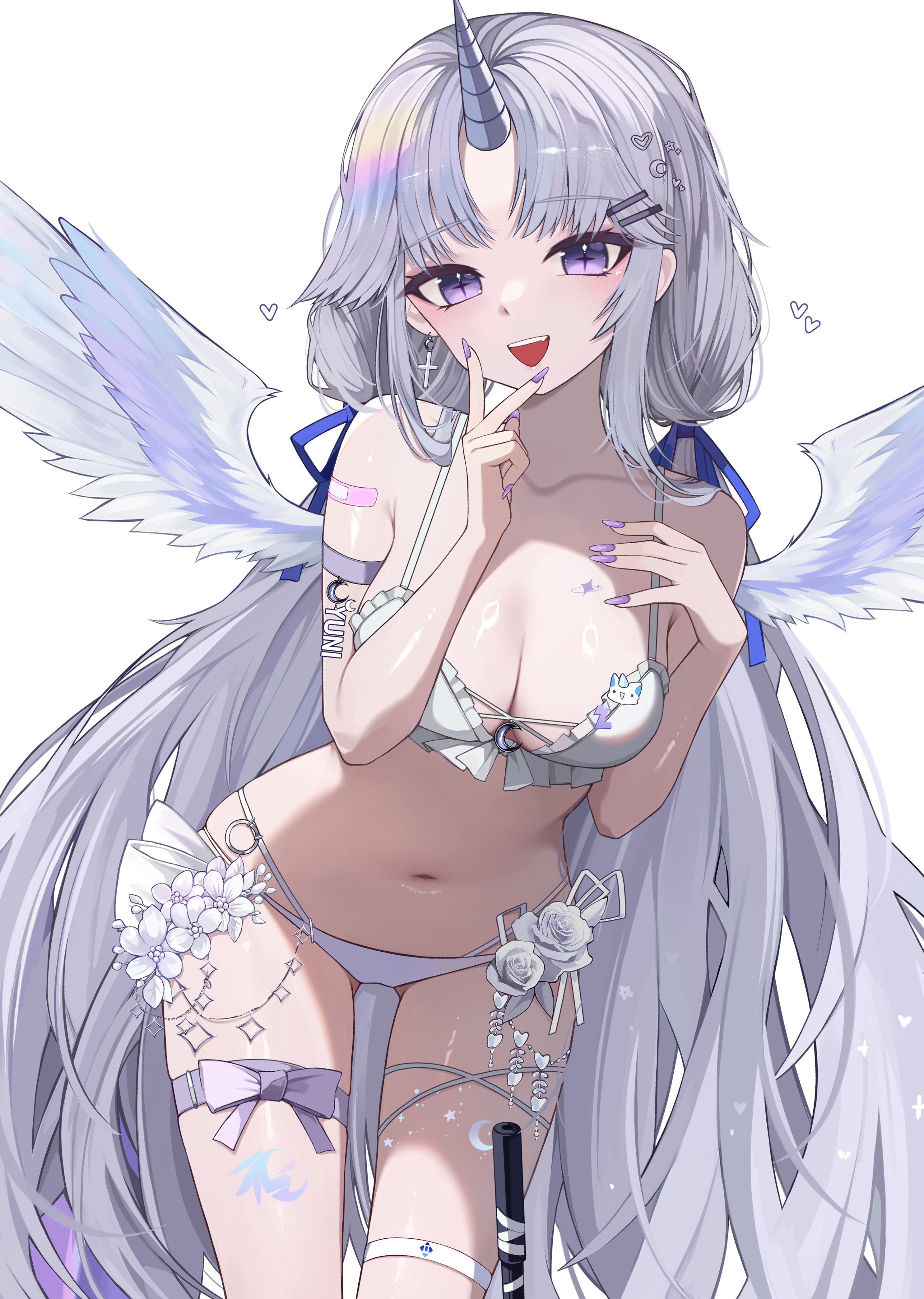 kkato, ayatsuno yuni, stellive, fluffy hair, absurdres, commentary request, highres, korean commentary, 1girl, armpit crease, bandaid, bandaid on arm, bikini, blue ribbon, bow, breasts, character name, cleavage, collarbone, cowboy shot, crescent, crescent hair ornament, fake nails, fingernails, flower, frilled bikini, frills, grey bow, grey hair, hair ornament, hair ribbon, hairclip, hand on own chest, hands up, heart, heart hair ornament, large breasts, long fingernails, long hair, looking at viewer, low twintails, multi-strapped bikini bottom, multicolored wings, navel, open mouth, parallel hairclips, purple eyes, purple nails, ribbon, shiny skin, simple background, smile, solo, standing, star-shaped pupils, star (symbol), star hair ornament, star tattoo, stomach, swimsuit, symbol-shaped pupils, tattoo, thigh bow, thigh strap, triangle mouth, twintails, unicorn horn, v, very long hair, virtual youtuber, white background, white bikini, white flower, wings