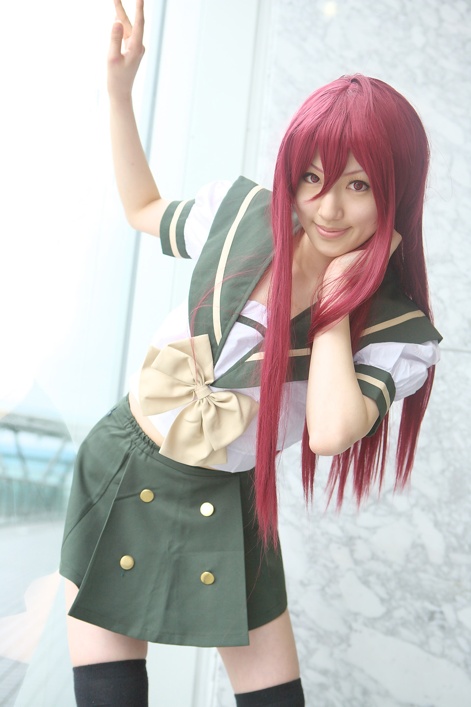 saya (cosplayer), shana, shakugan no shana, highres, photo (medium), cosplay, red hair, sailor, school uniform, serafuku, thighhighs