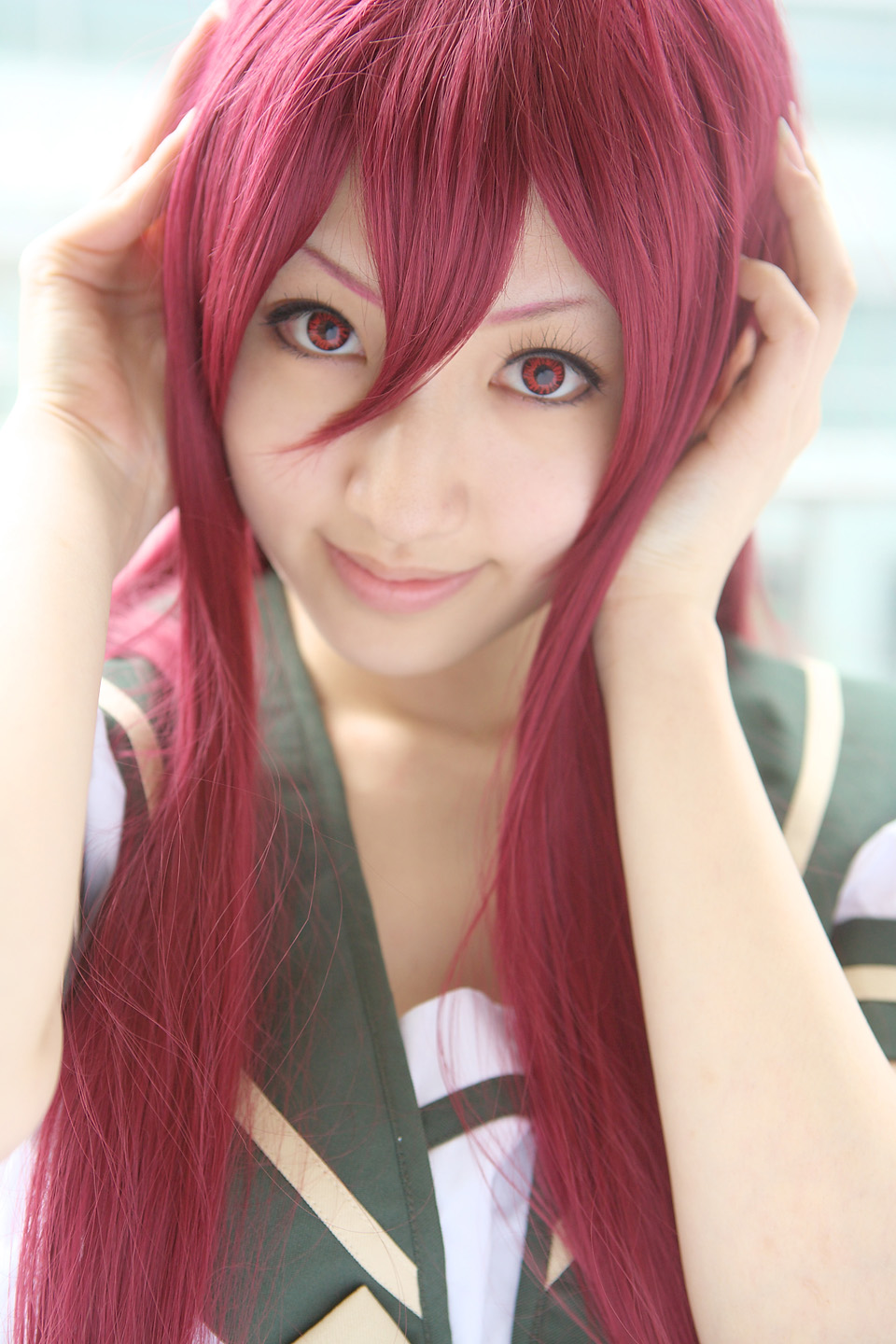 saya (cosplayer), shana, shakugan no shana, highres, photo (medium), cosplay, red hair, sailor, school uniform, serafuku