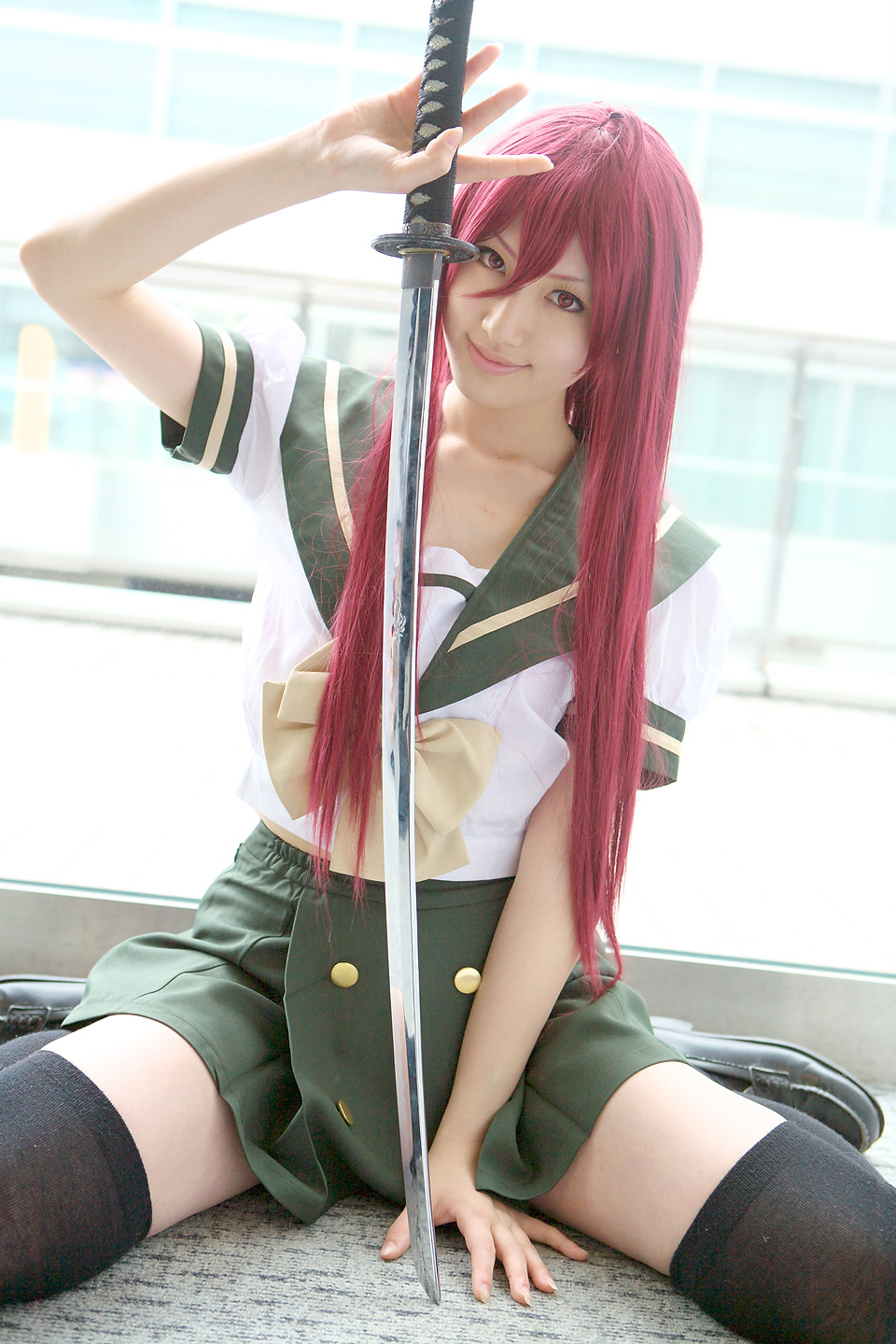 saya (cosplayer), shana, shakugan no shana, highres, photo (medium), cosplay, katana, red hair, sailor, school uniform, serafuku, sword, thighhighs, weapon