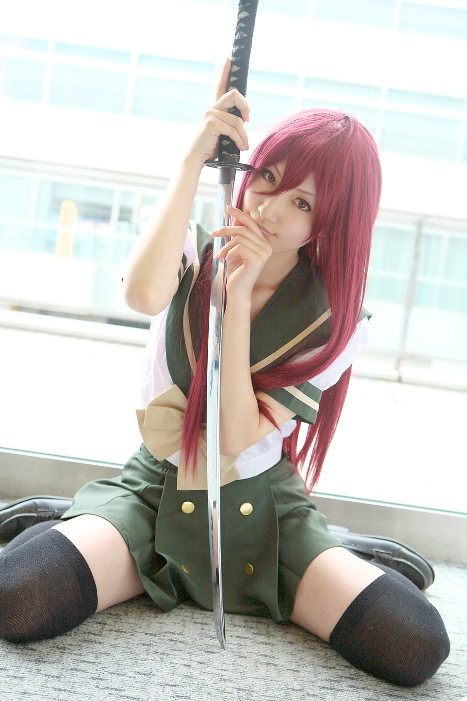 saya (cosplayer), shana, shakugan no shana, highres, photo (medium), cosplay, katana, red hair, sailor, school uniform, serafuku, sword, thighhighs, weapon