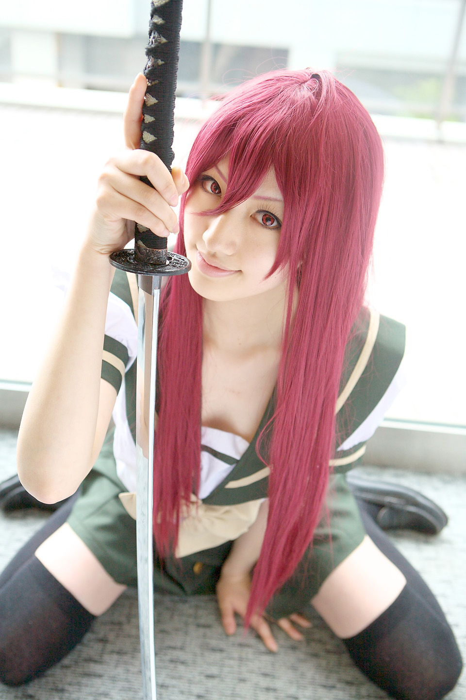 saya (cosplayer), shana, shakugan no shana, highres, photo (medium), cosplay, katana, red hair, sailor, school uniform, serafuku, sword, thighhighs, weapon
