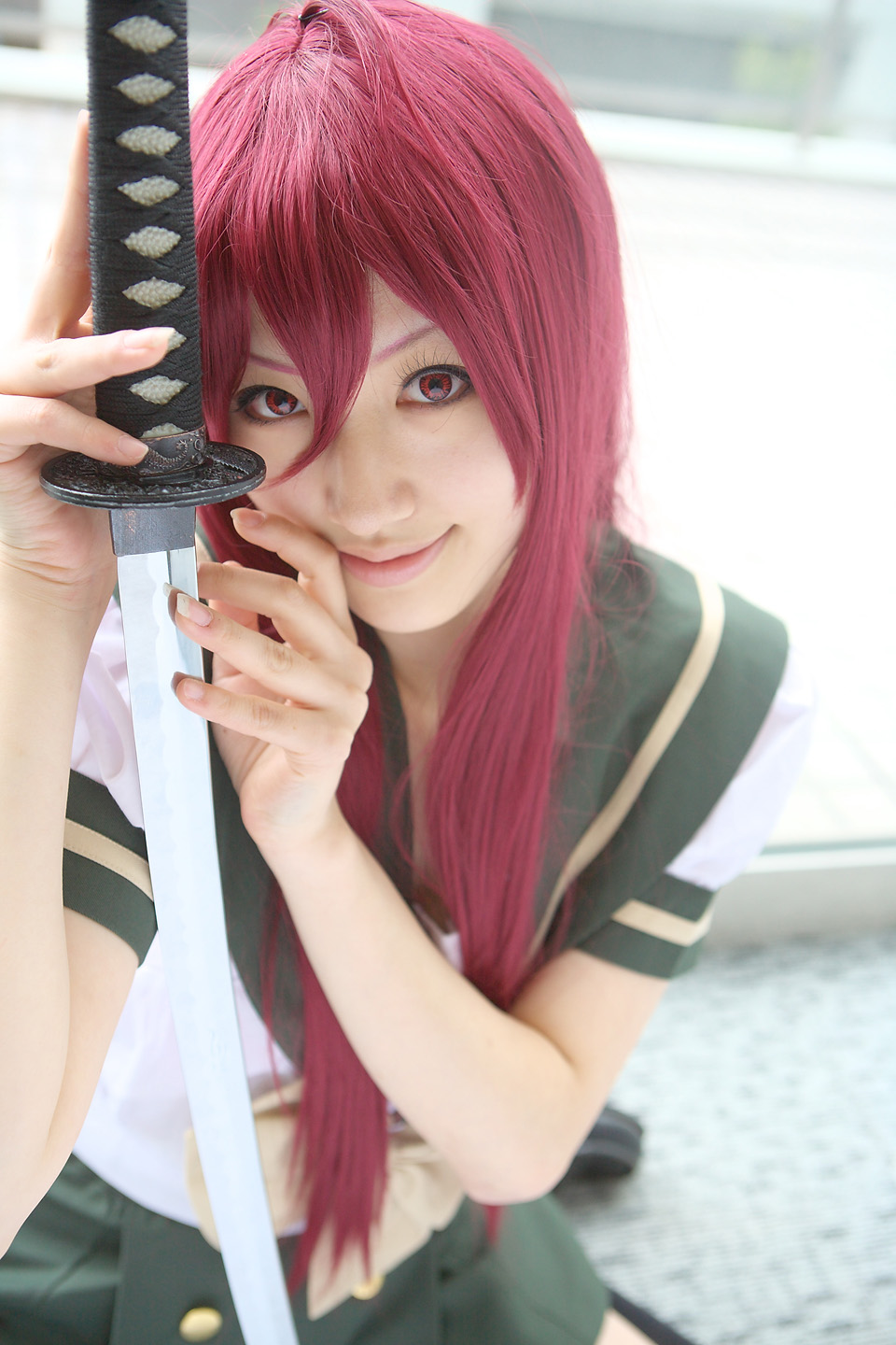 saya (cosplayer), shana, shakugan no shana, highres, photo (medium), cosplay, katana, red hair, sailor, school uniform, serafuku, sword, thighhighs, weapon