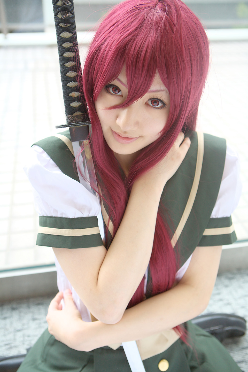 saya (cosplayer), shana, shakugan no shana, highres, photo (medium), cosplay, katana, red hair, sailor, school uniform, serafuku, sword, weapon